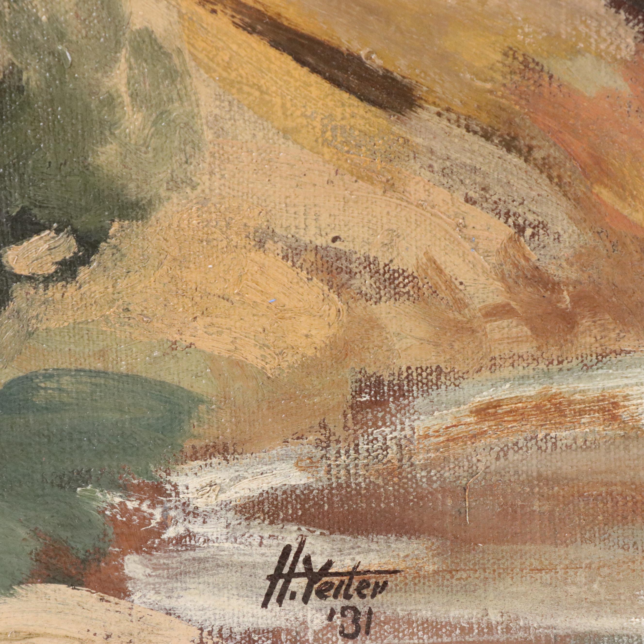 Harold Yeiter Western Genre Oil Painting of Naitve Americans on Horseback, 1931