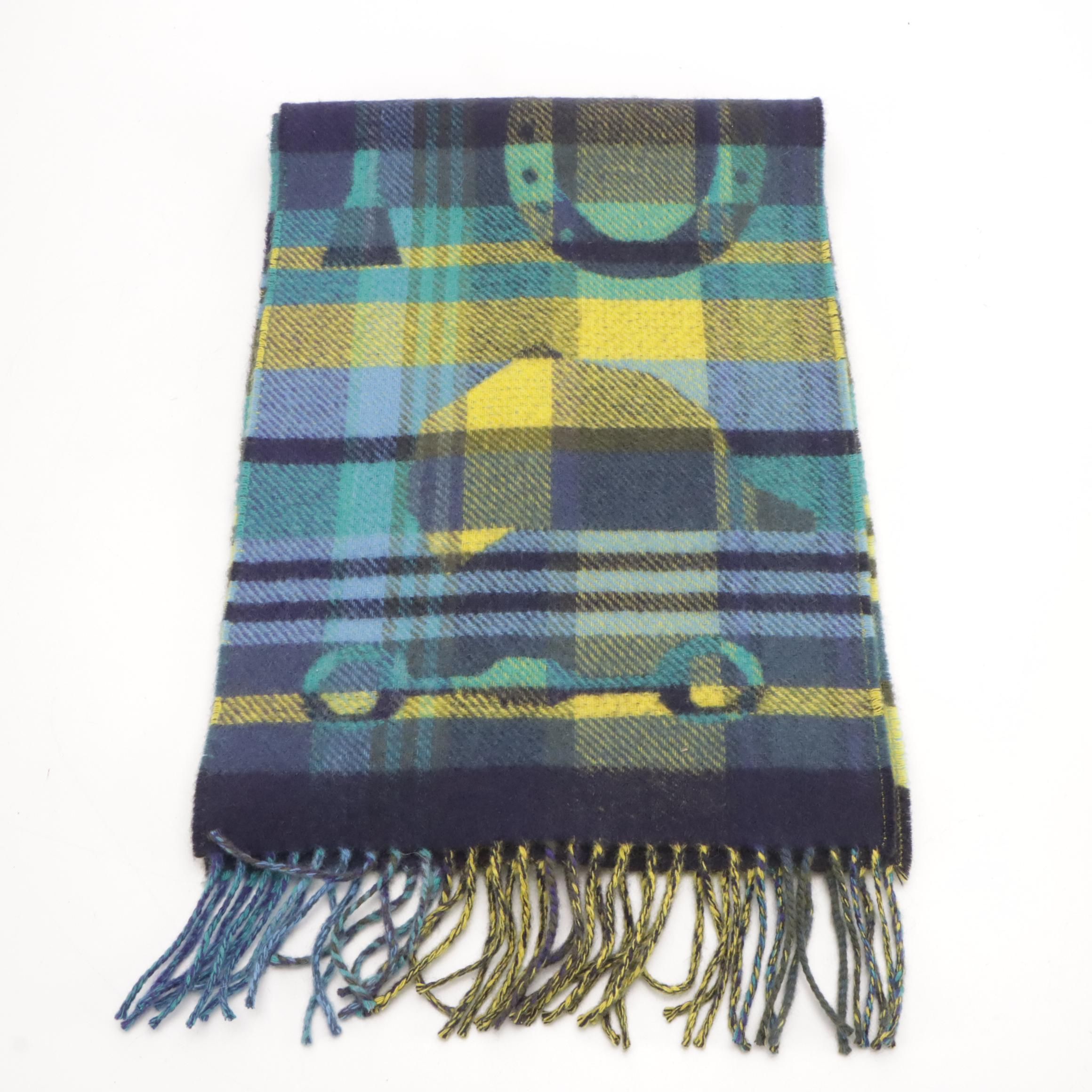 Hermès Equestrian Symbols Plaid Cashmere Fringe Scarf in Box