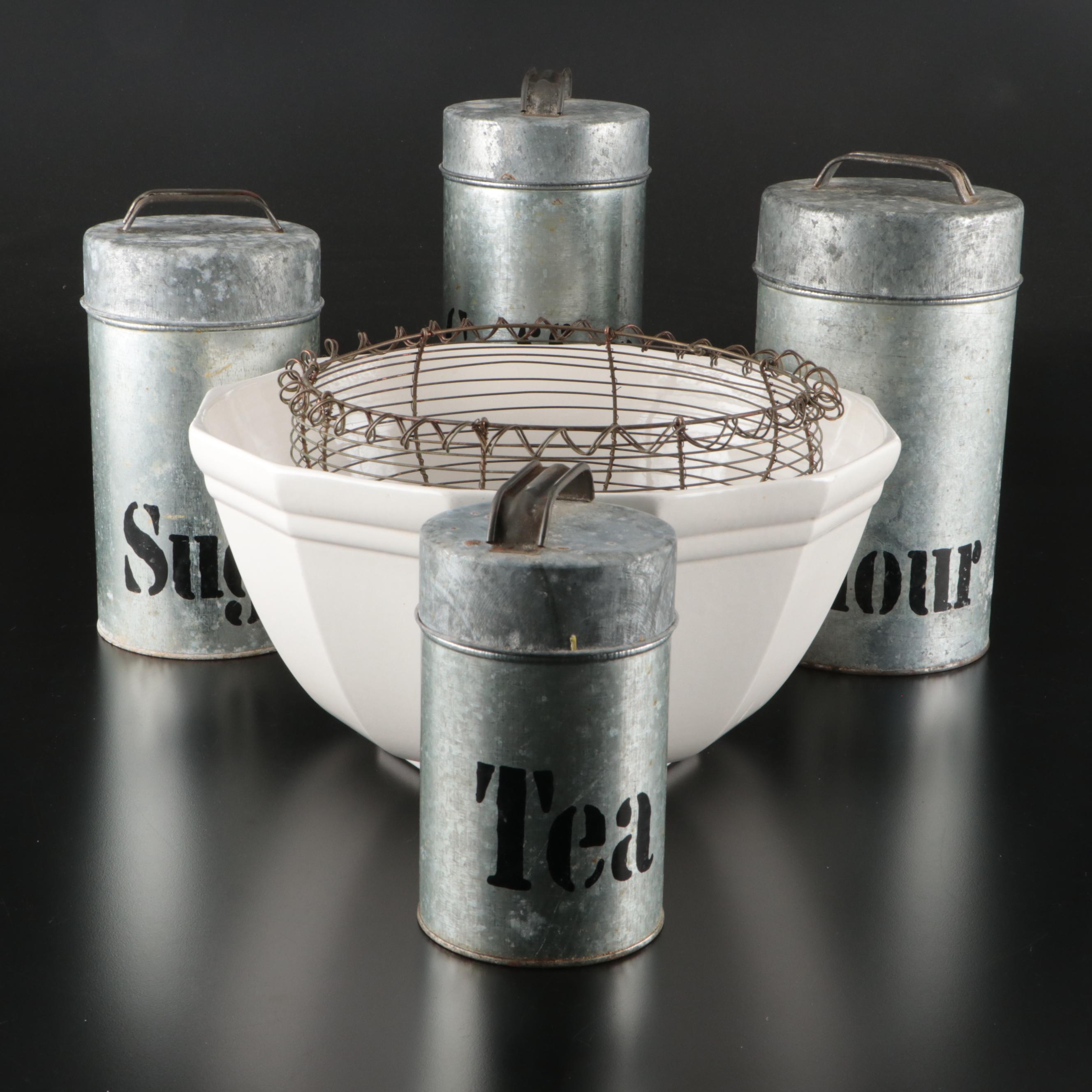 8 Qt Ceramic Dough Bowl with Galvanized Steel Canisters and Wire Basket
