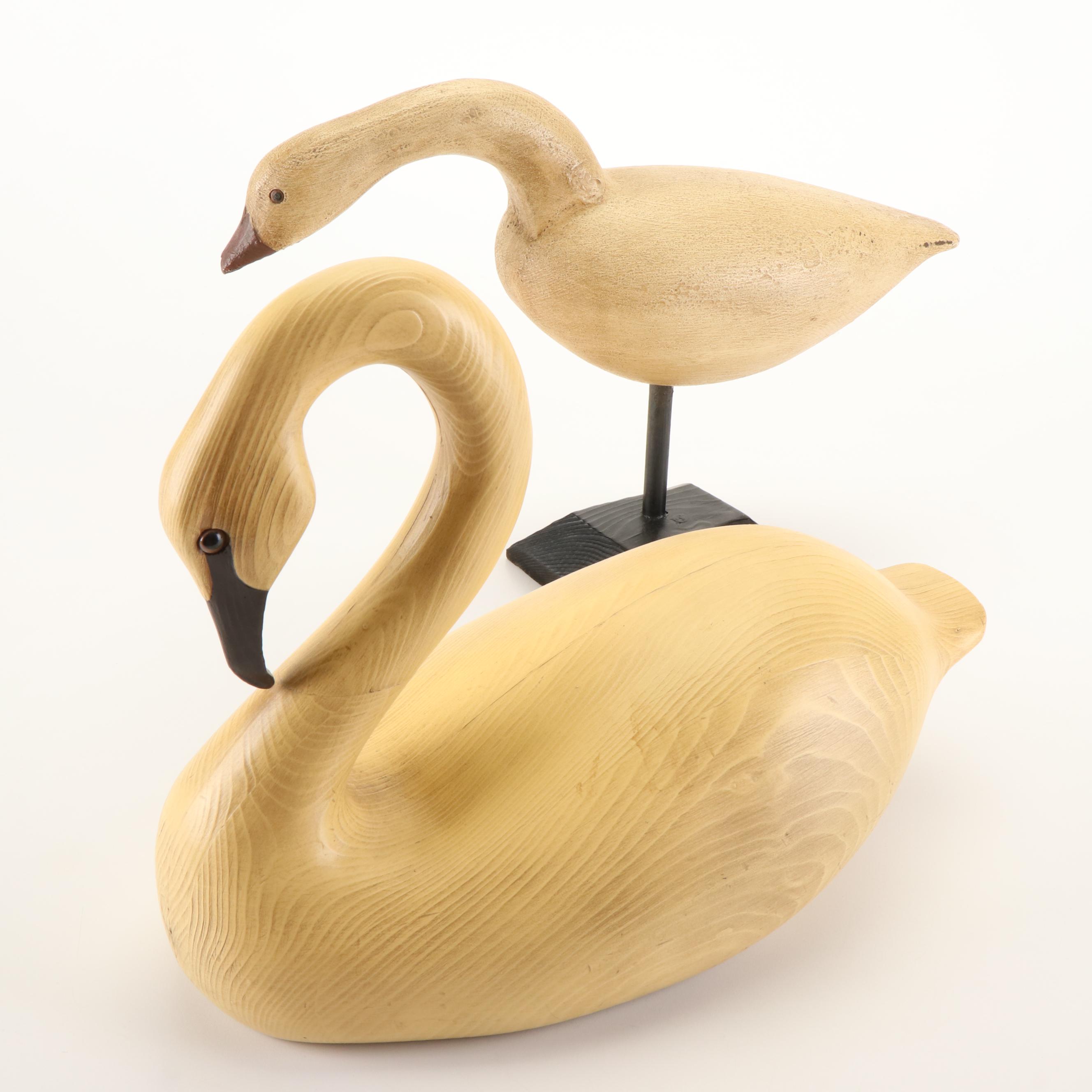 Robert Coleman Folk Art Carved Wood Goose on Stand with Faux Wood Swan Decoy