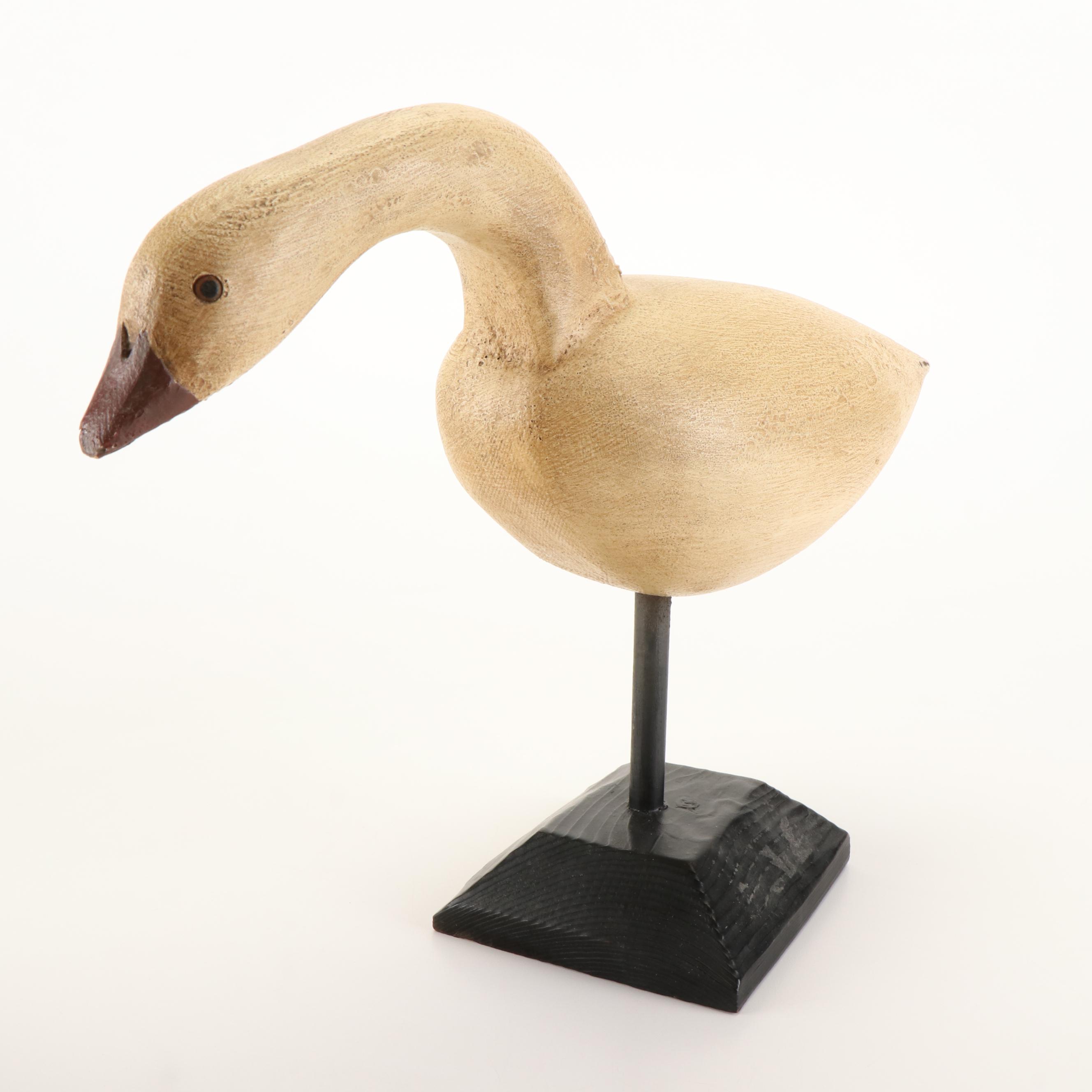 Robert Coleman Folk Art Carved Wood Goose on Stand with Faux Wood Swan Decoy