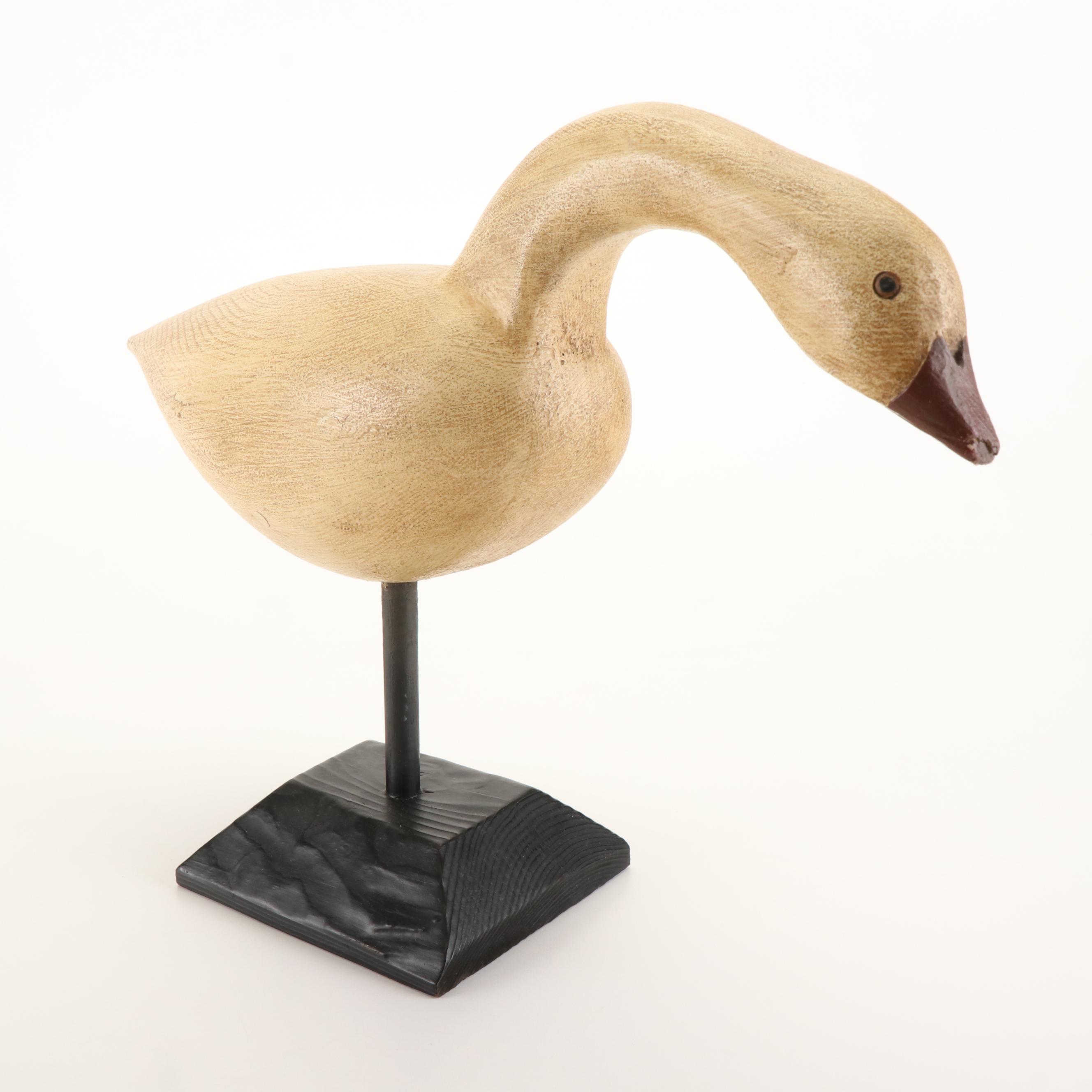 Robert Coleman Folk Art Carved Wood Goose on Stand with Faux Wood Swan Decoy