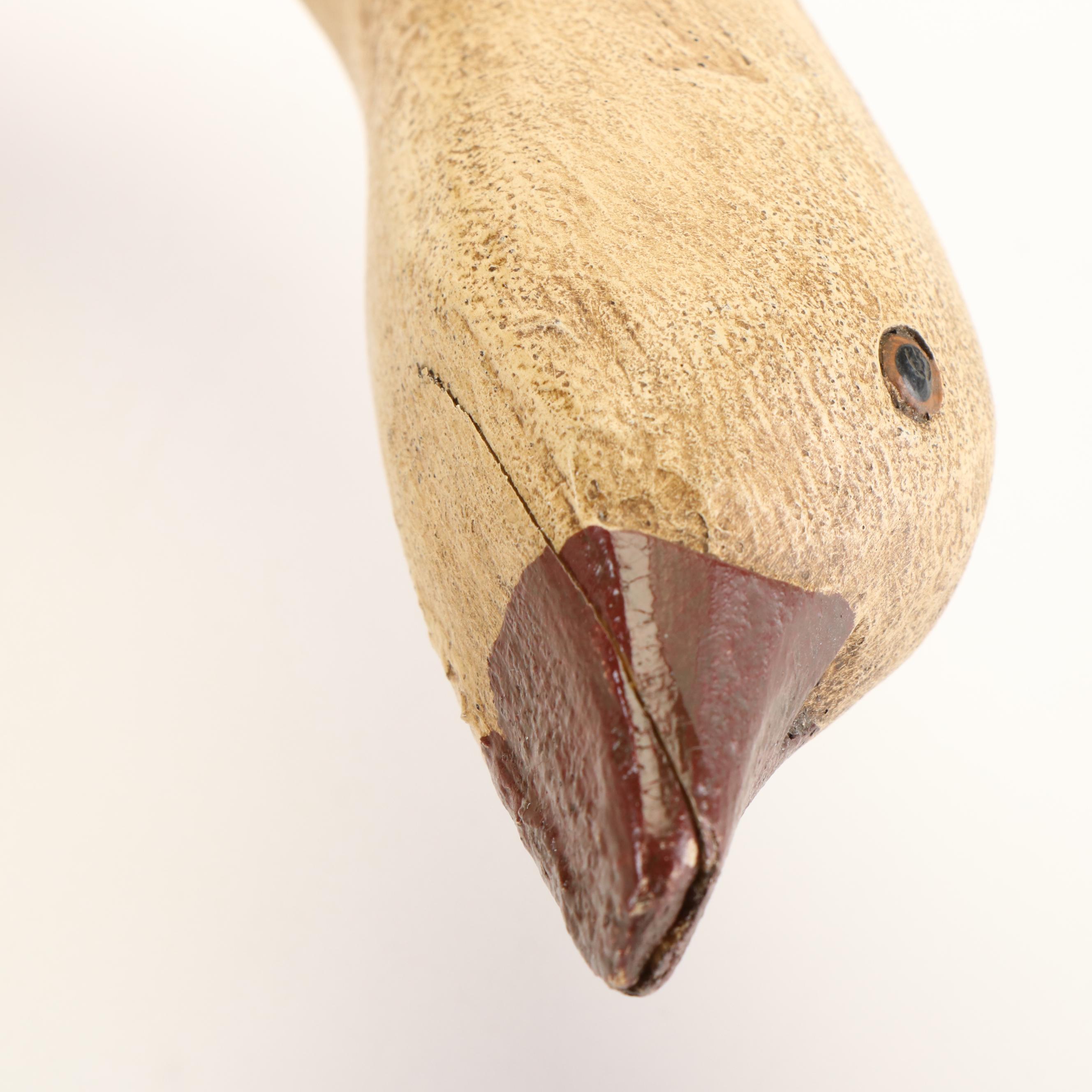 Robert Coleman Folk Art Carved Wood Goose on Stand with Faux Wood Swan Decoy