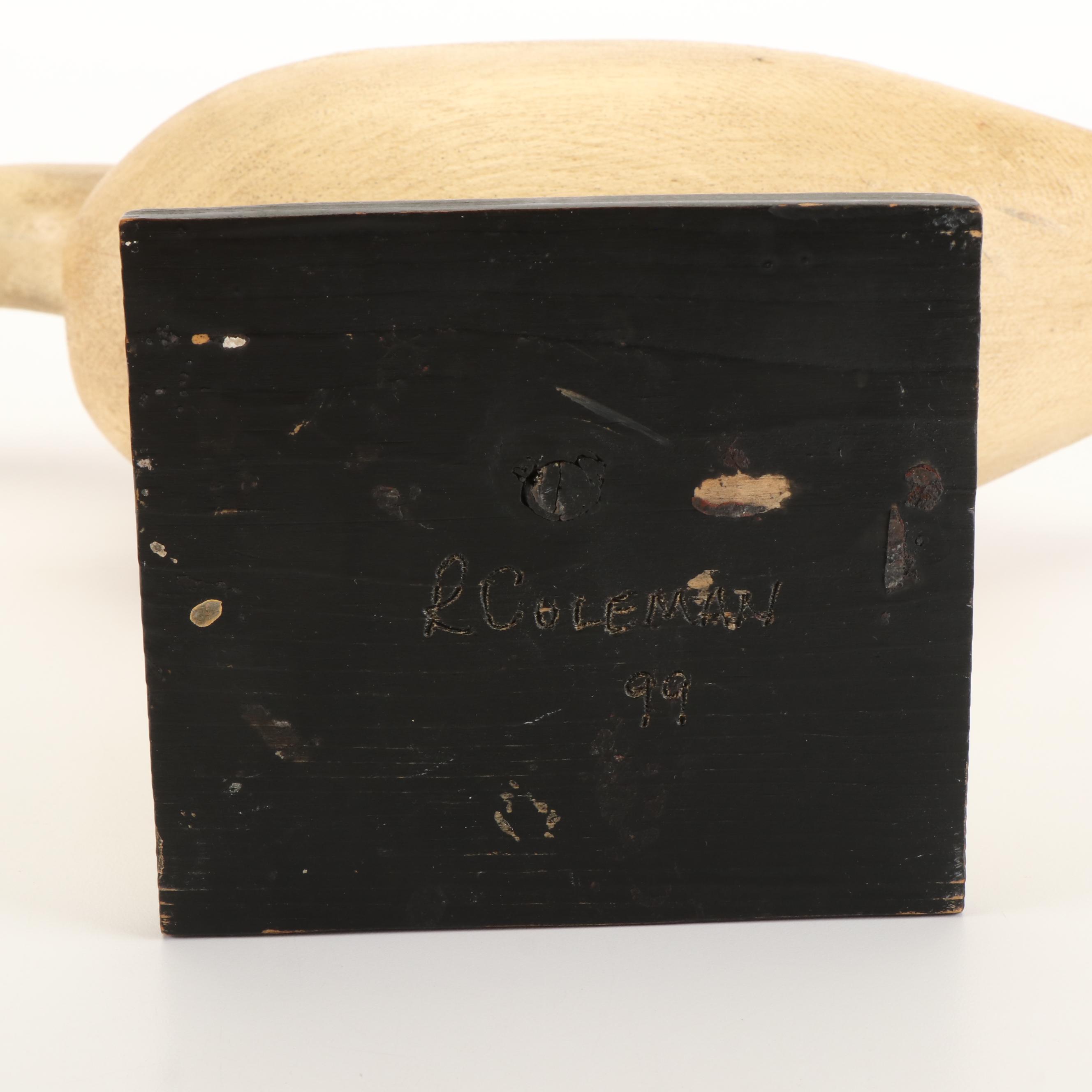 Robert Coleman Folk Art Carved Wood Goose on Stand with Faux Wood Swan Decoy