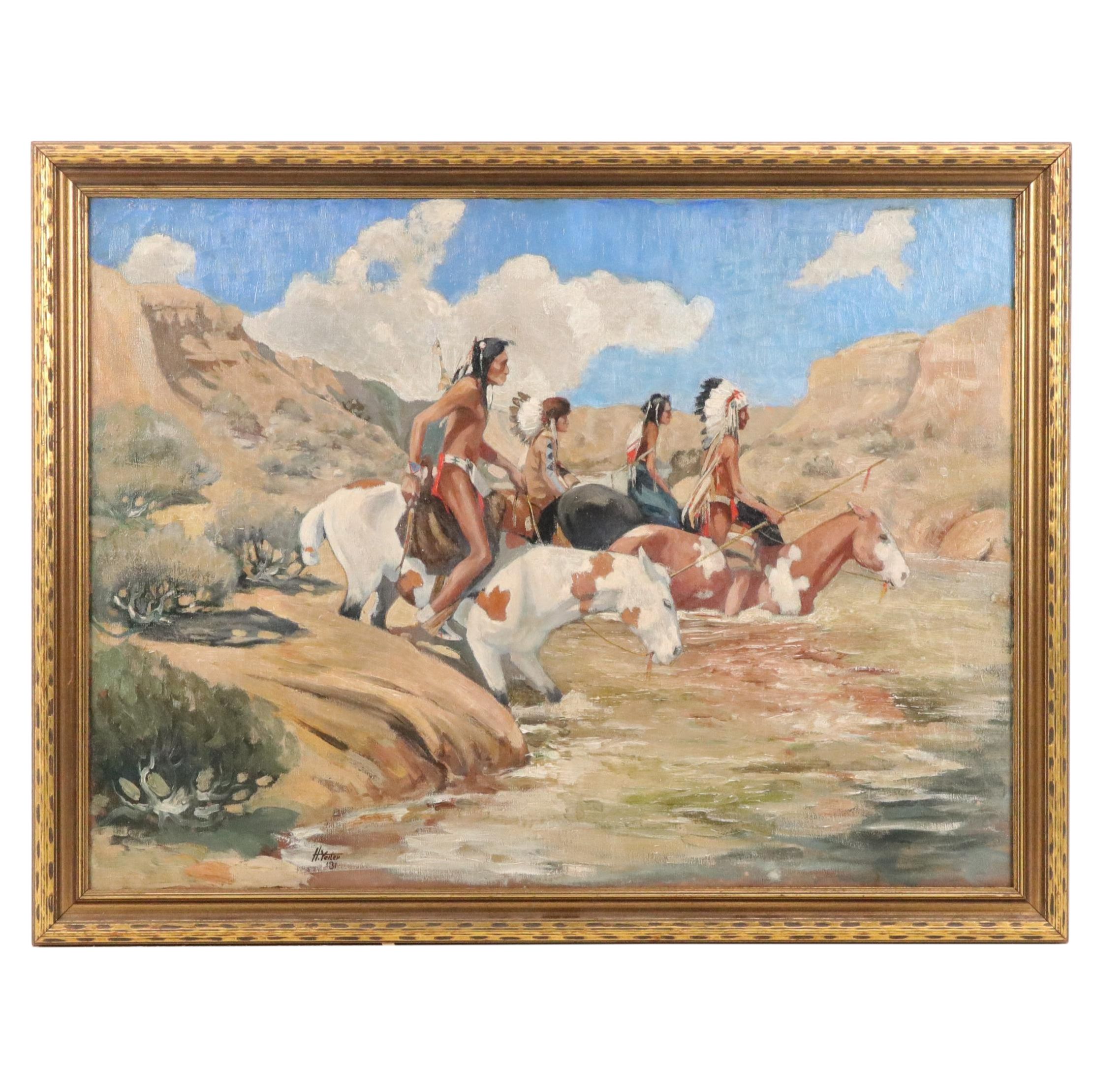 Harold Yeiter Western Genre Oil Painting of Naitve Americans on Horseback, 1931