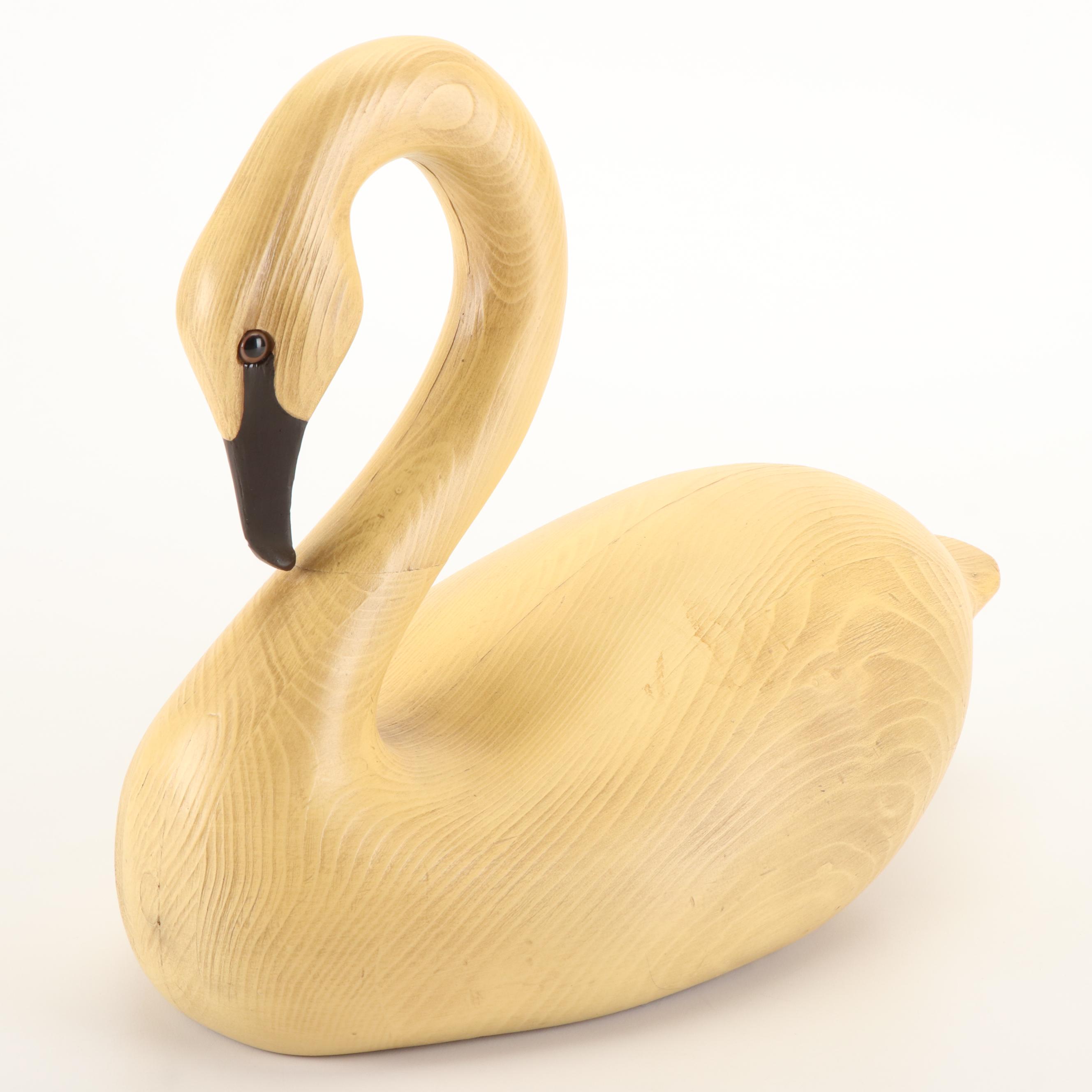 Robert Coleman Folk Art Carved Wood Goose on Stand with Faux Wood Swan Decoy