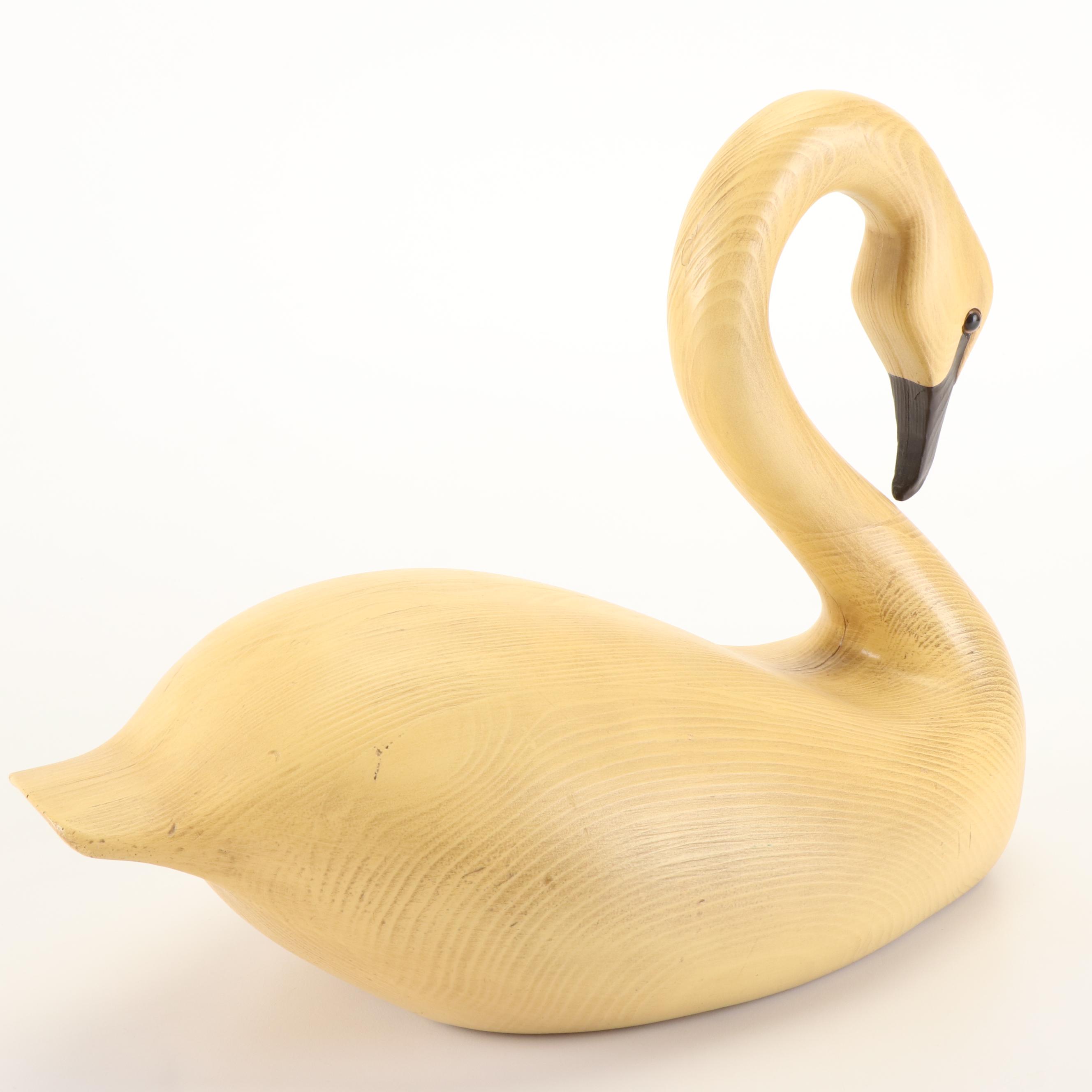 Robert Coleman Folk Art Carved Wood Goose on Stand with Faux Wood Swan Decoy