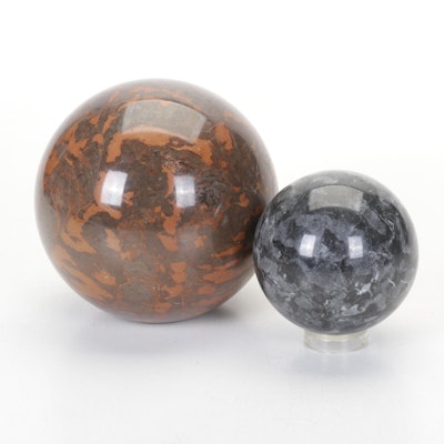 Polished Black Marble Orb with Base and Polished Jasper Orb Polished Black Marble Orb with Base and Polished Jasper Orb