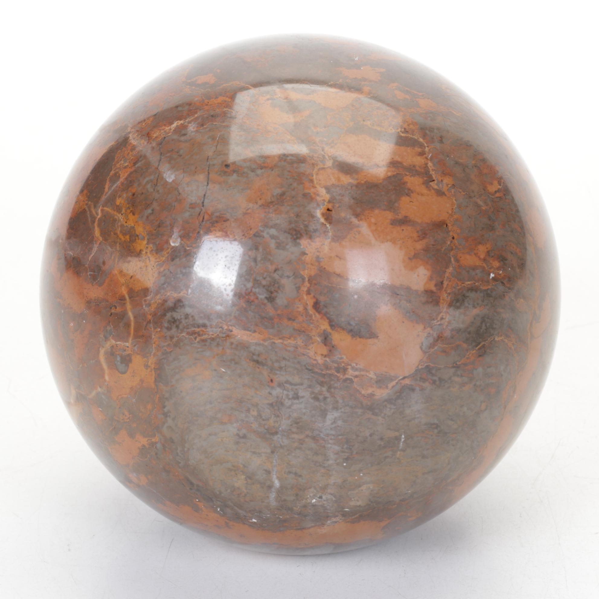 Polished Black Marble Orb with Base and Polished Jasper Orb