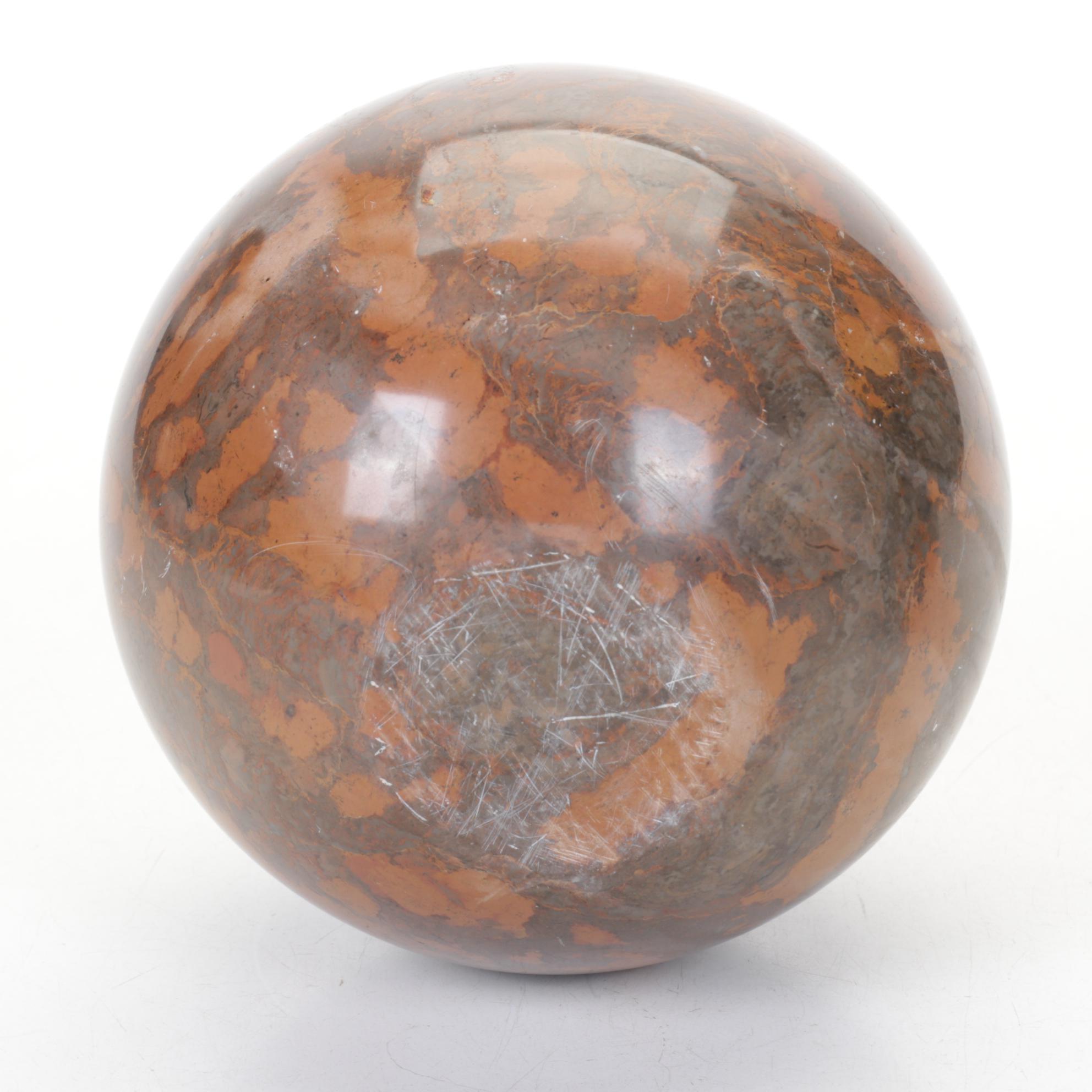 Polished Black Marble Orb with Base and Polished Jasper Orb