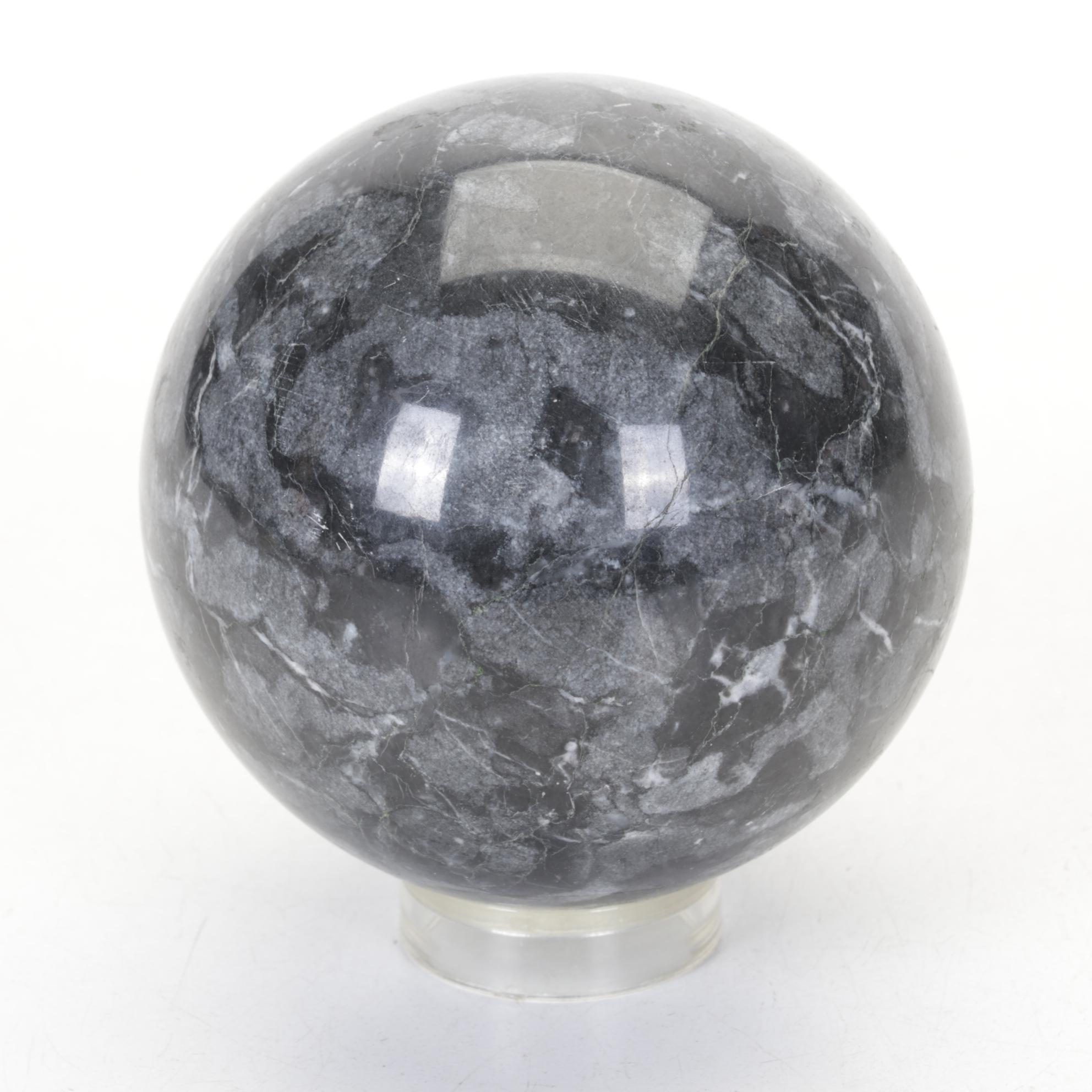 Polished Black Marble Orb with Base and Polished Jasper Orb