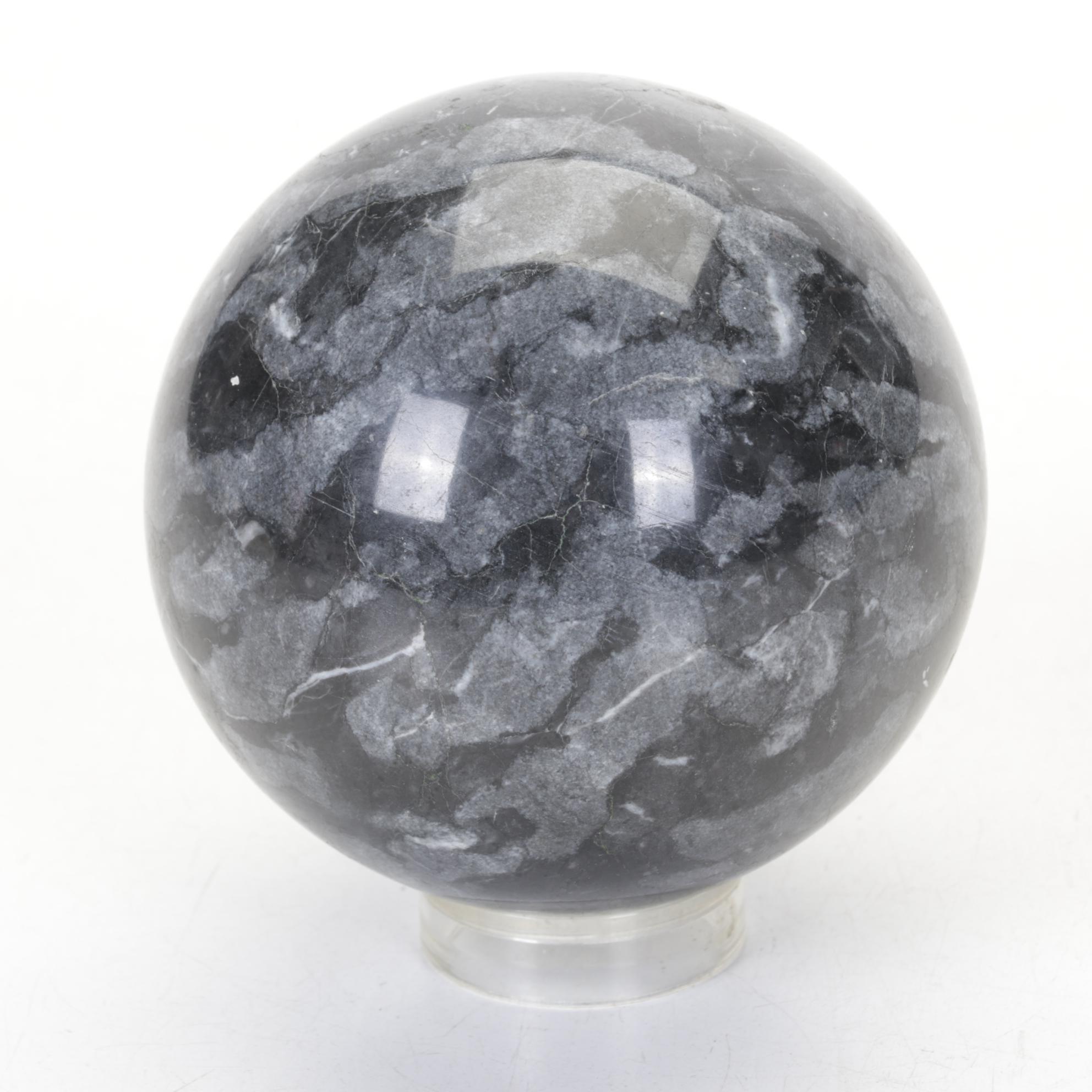Polished Black Marble Orb with Base and Polished Jasper Orb