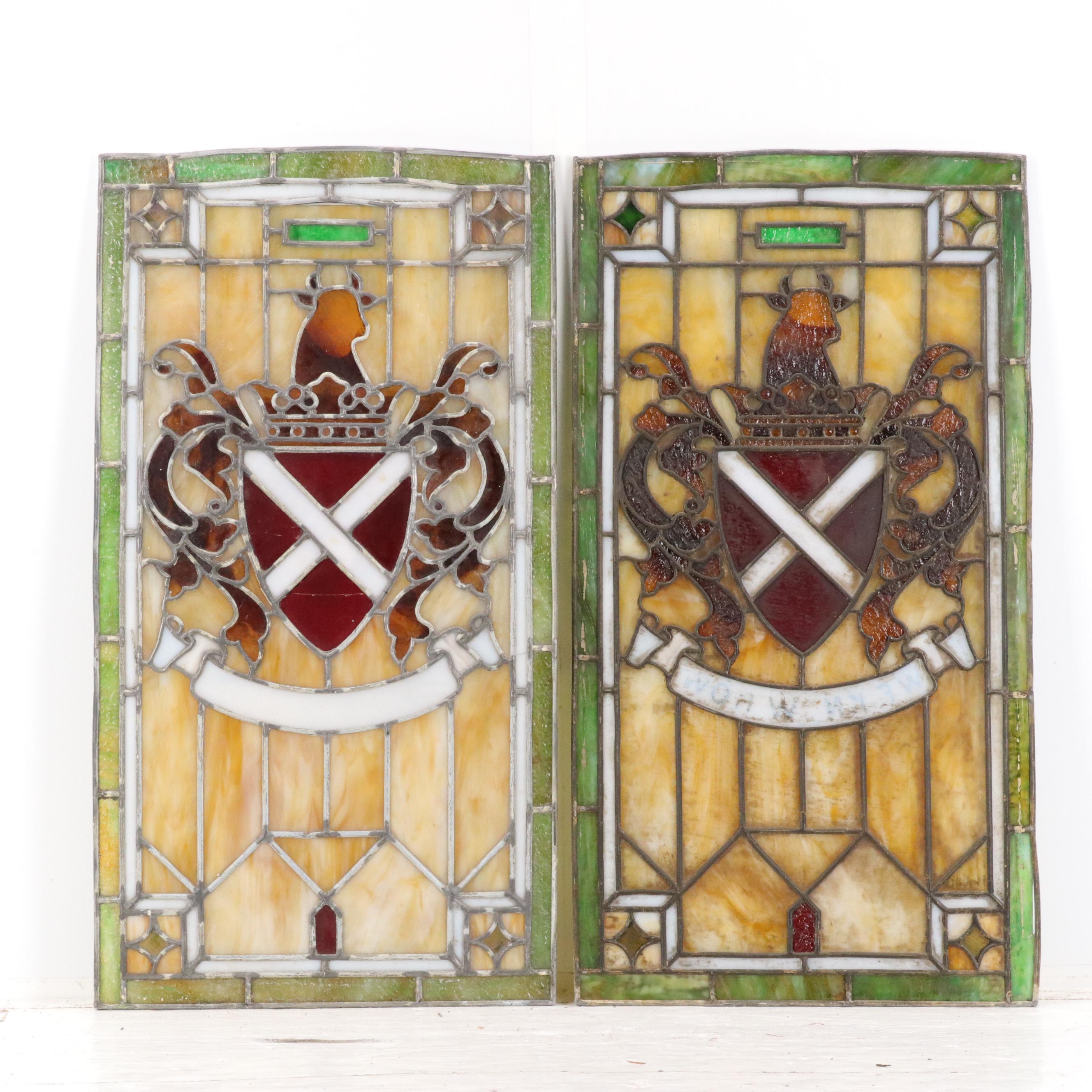 Pair of Heraldic Leaded Stained Glass Window Panels