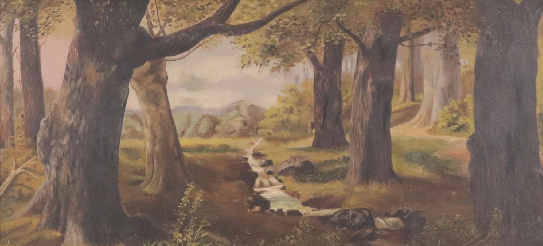Wooded Landscape Oil Painting with Creek, 20th Century