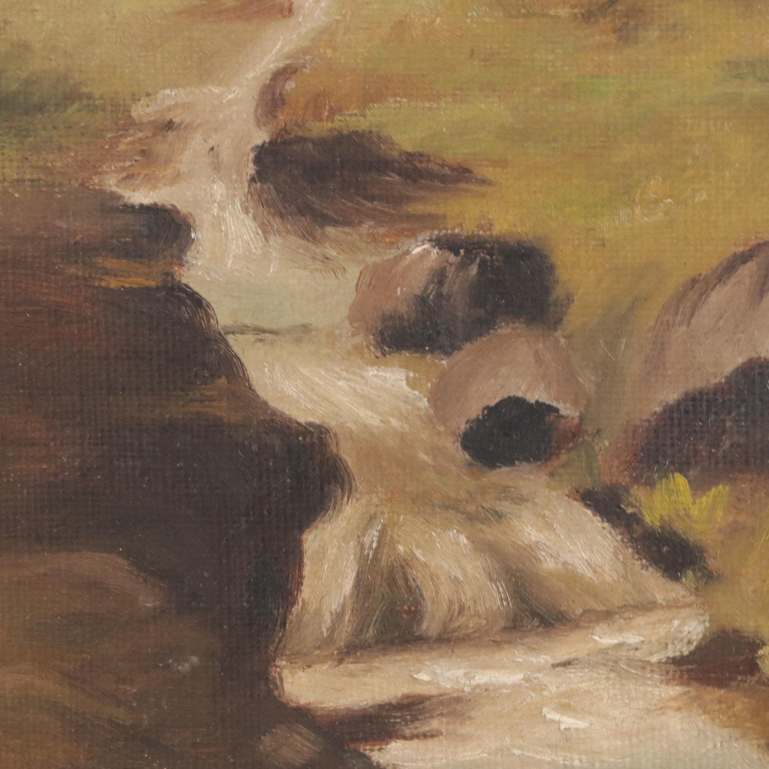 Wooded Landscape Oil Painting with Creek, 20th Century