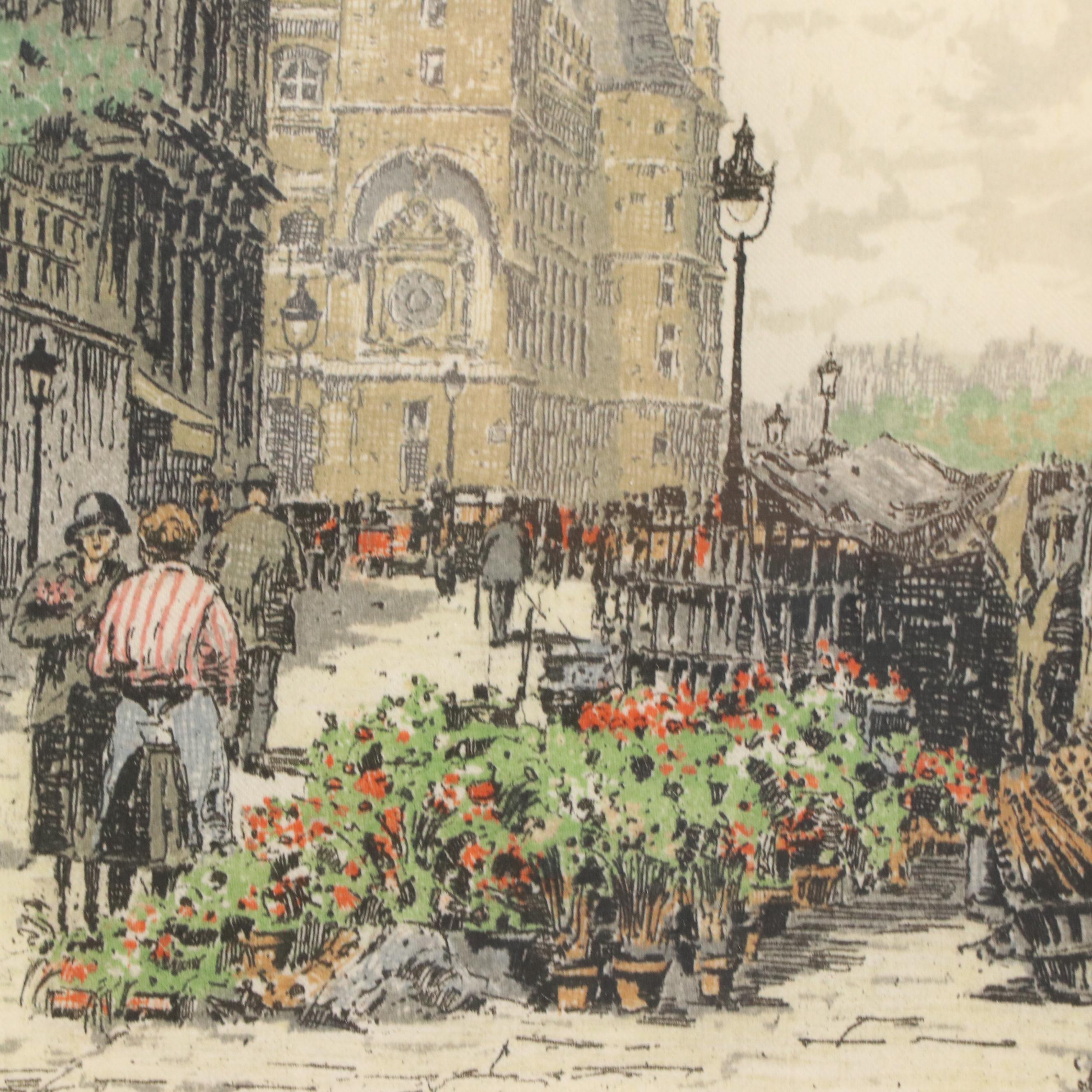 Hans Figura Silk Etching "Marche aux Fleurs, Quai de l'Horloge, Paris"
