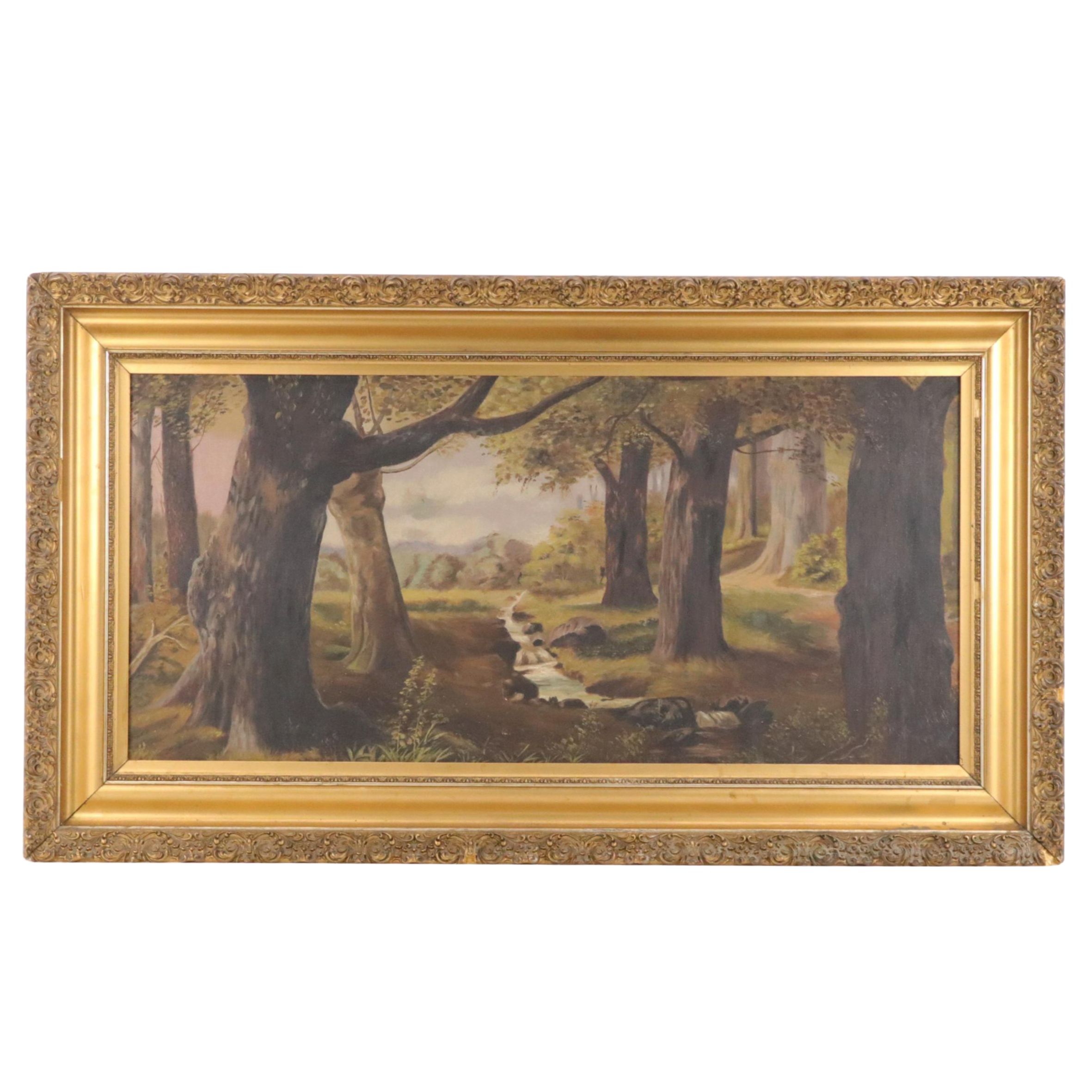 Wooded Landscape Oil Painting with Creek, 20th Century