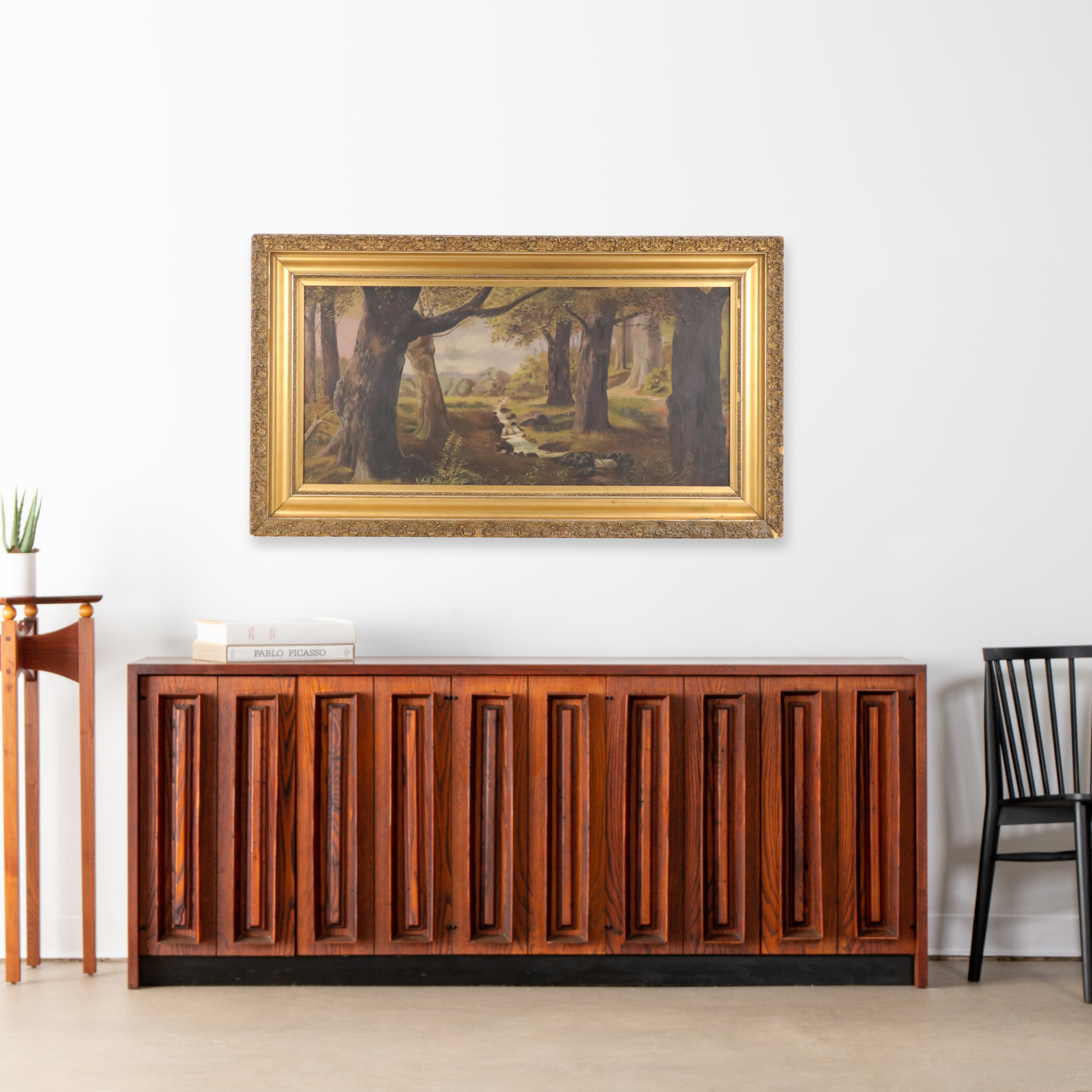 Wooded Landscape Oil Painting with Creek, 20th Century