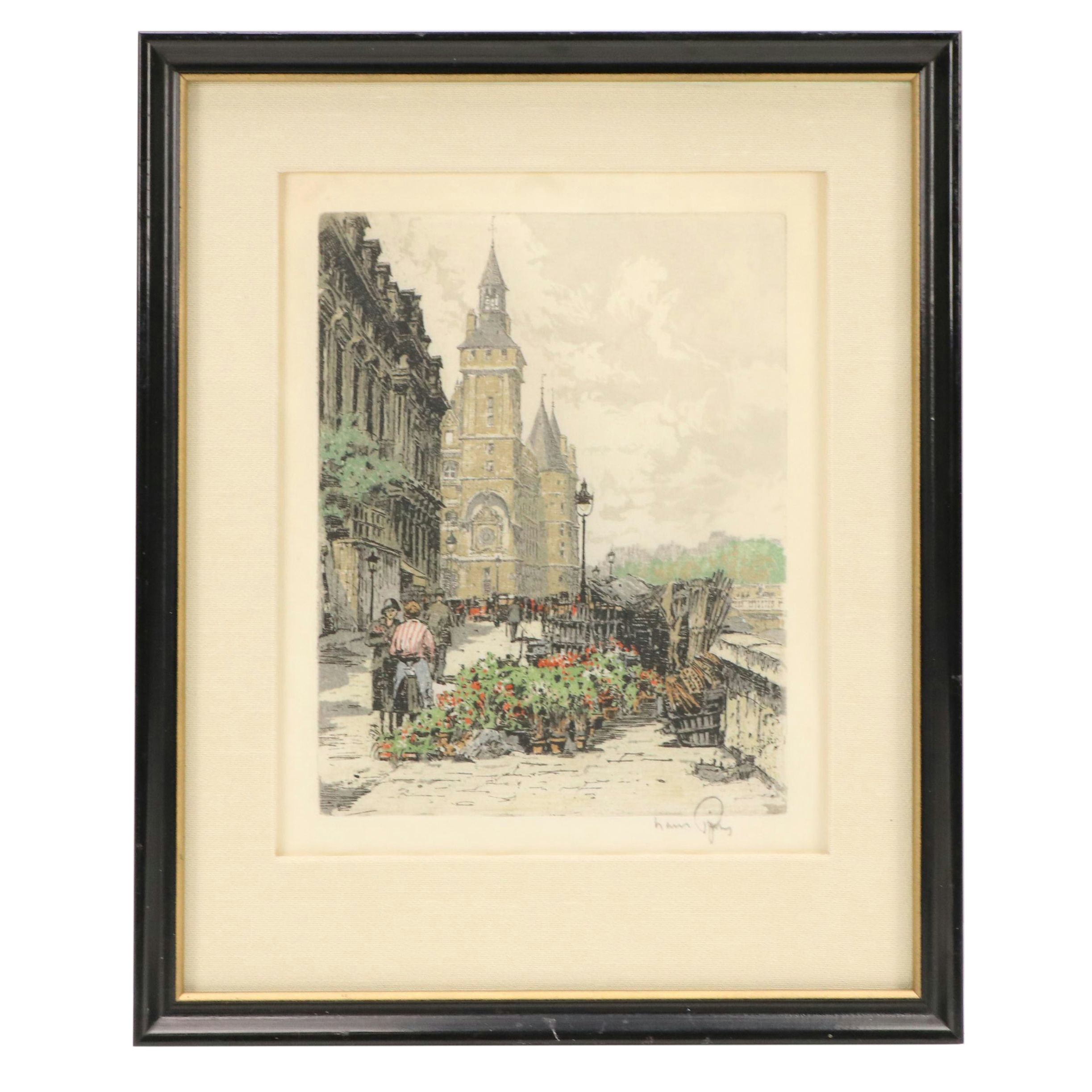 Hans Figura Silk Etching "Marche aux Fleurs, Quai de l'Horloge, Paris"