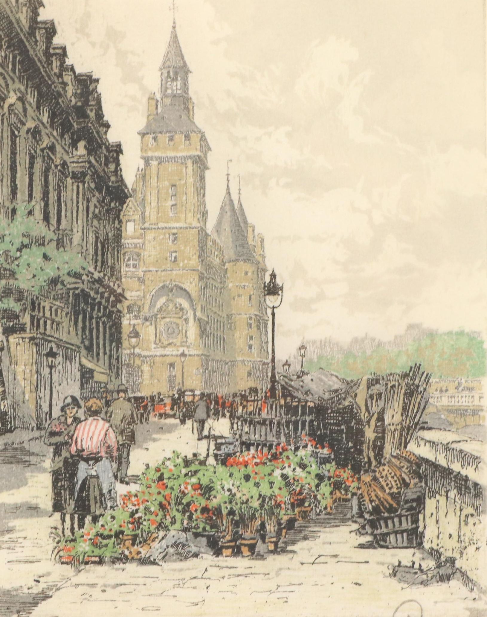 Hans Figura Silk Etching "Marche aux Fleurs, Quai de l'Horloge, Paris"