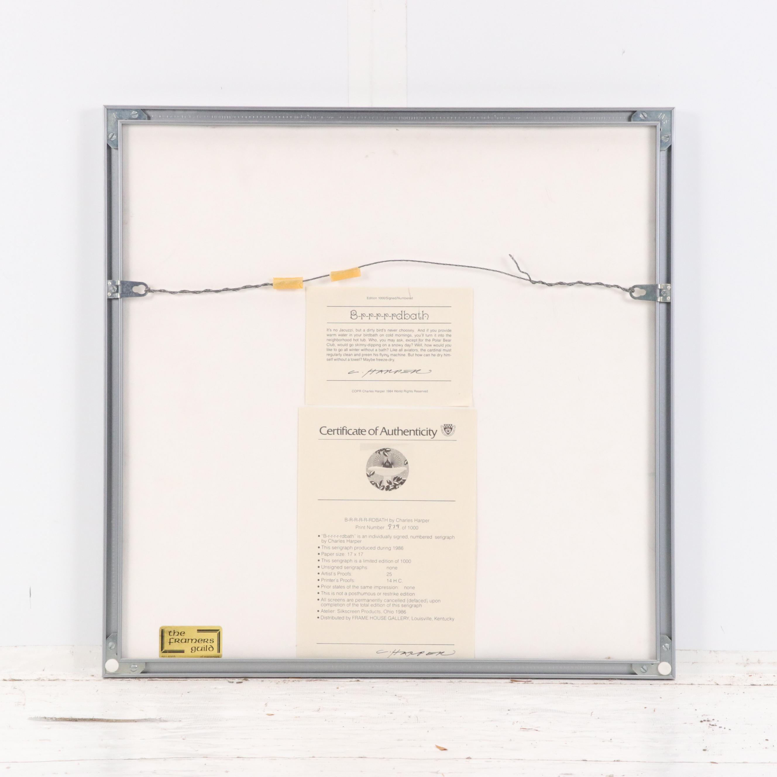 Charley Harper Modernist Serigraph "Brrrrrdbath," 1986