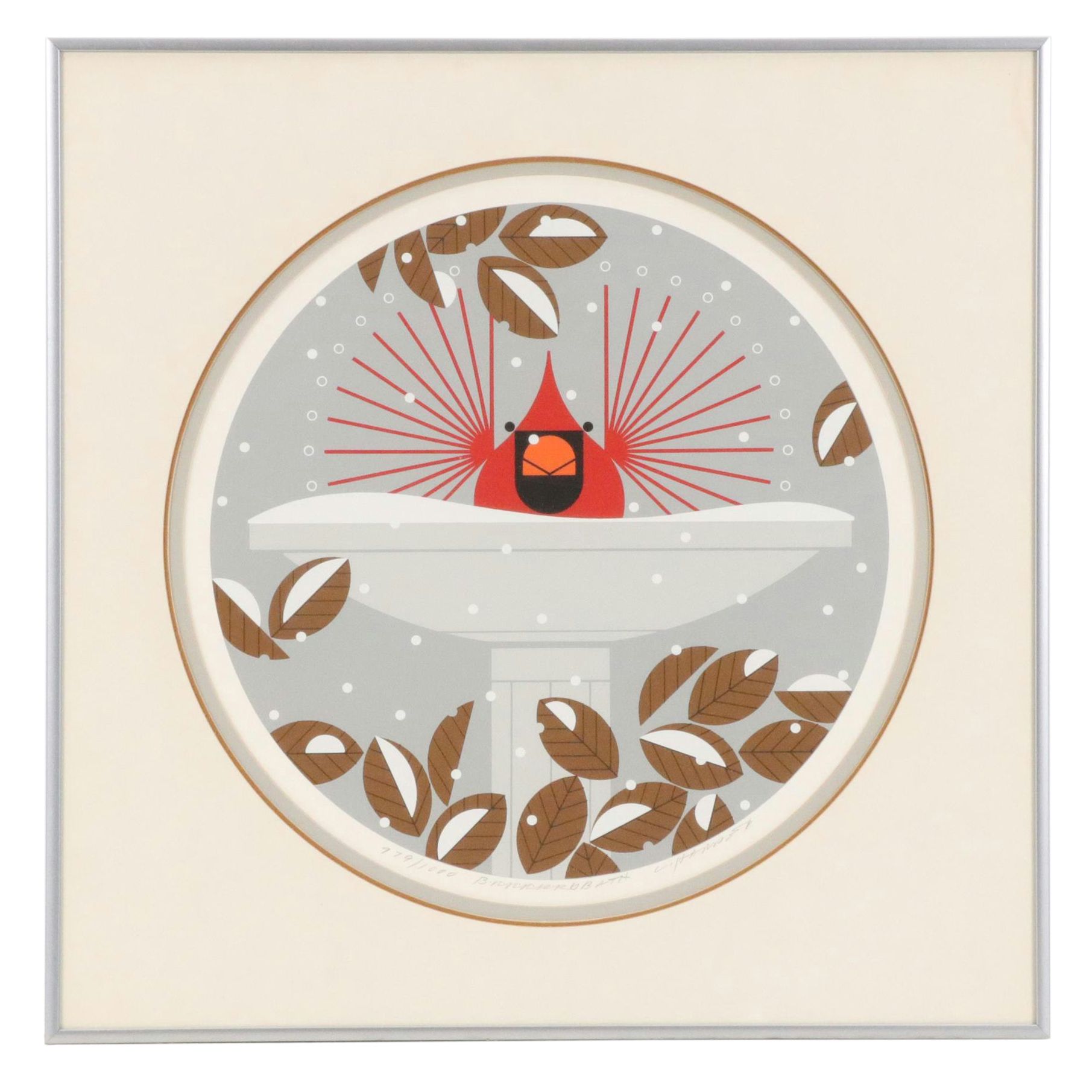Charley Harper Modernist Serigraph "Brrrrrdbath," 1986