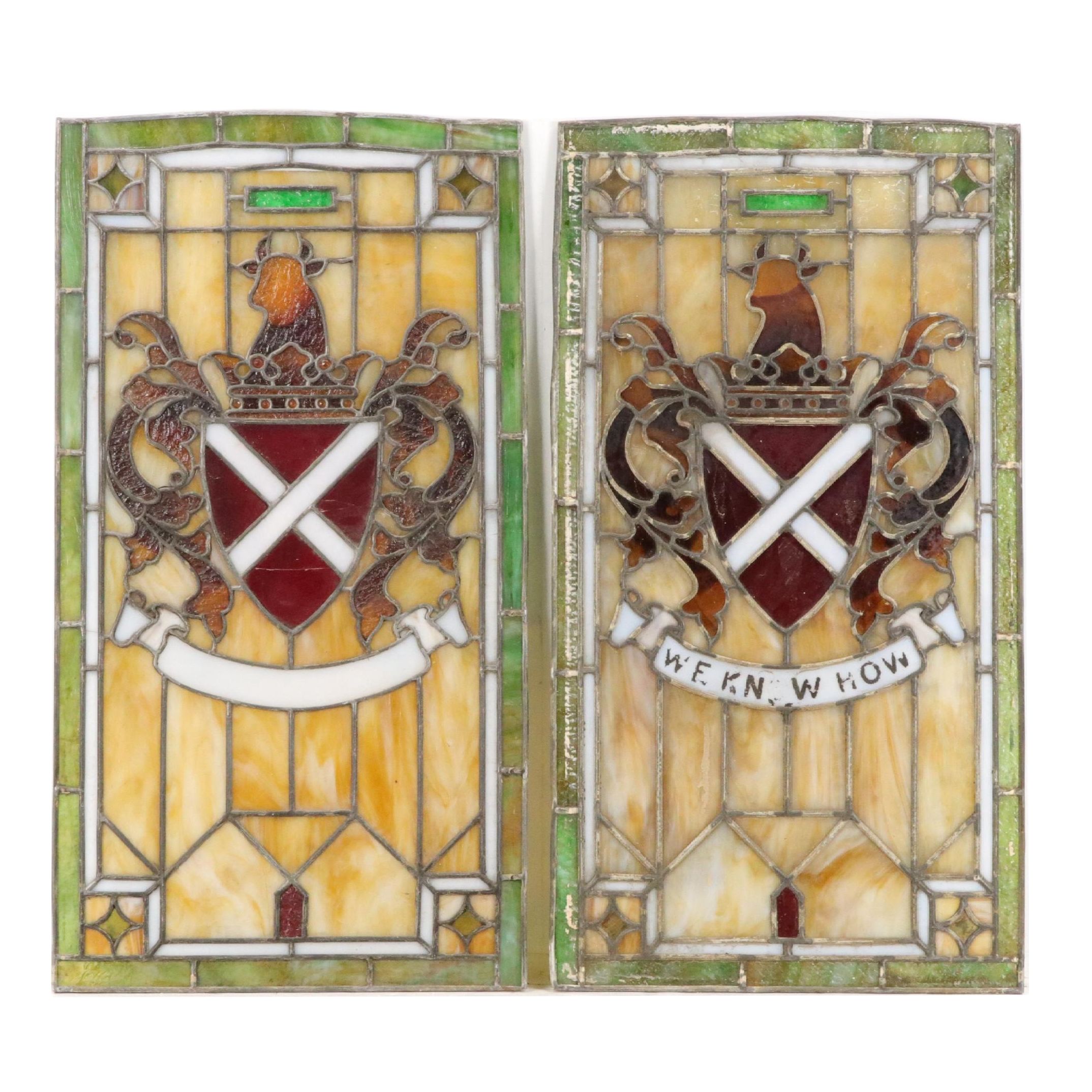 Pair of Heraldic Leaded Stained Glass Window Panels