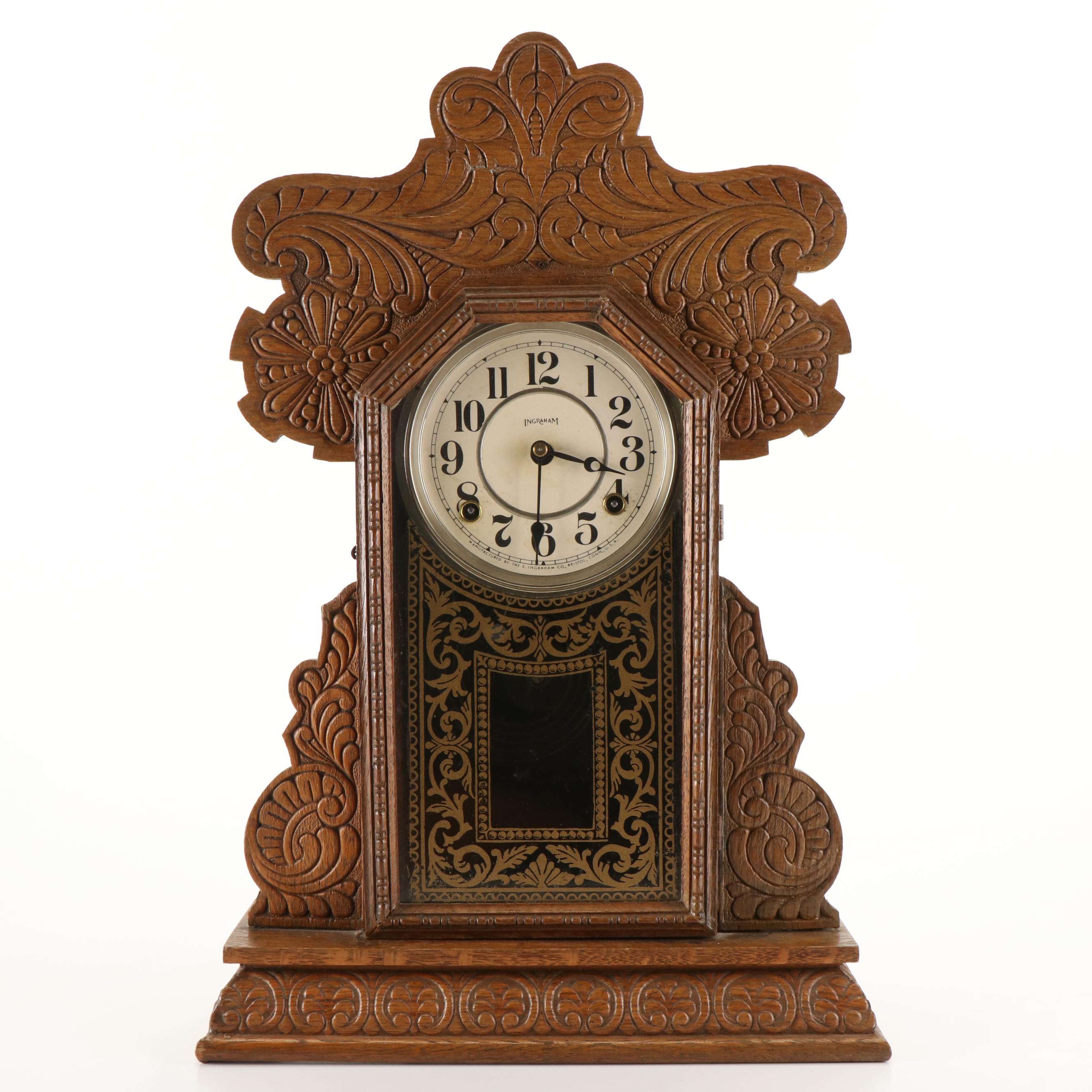 Ingrahm Victorian Pressed Oak Kitchen Clock, Late 19th/ Early 20th Century