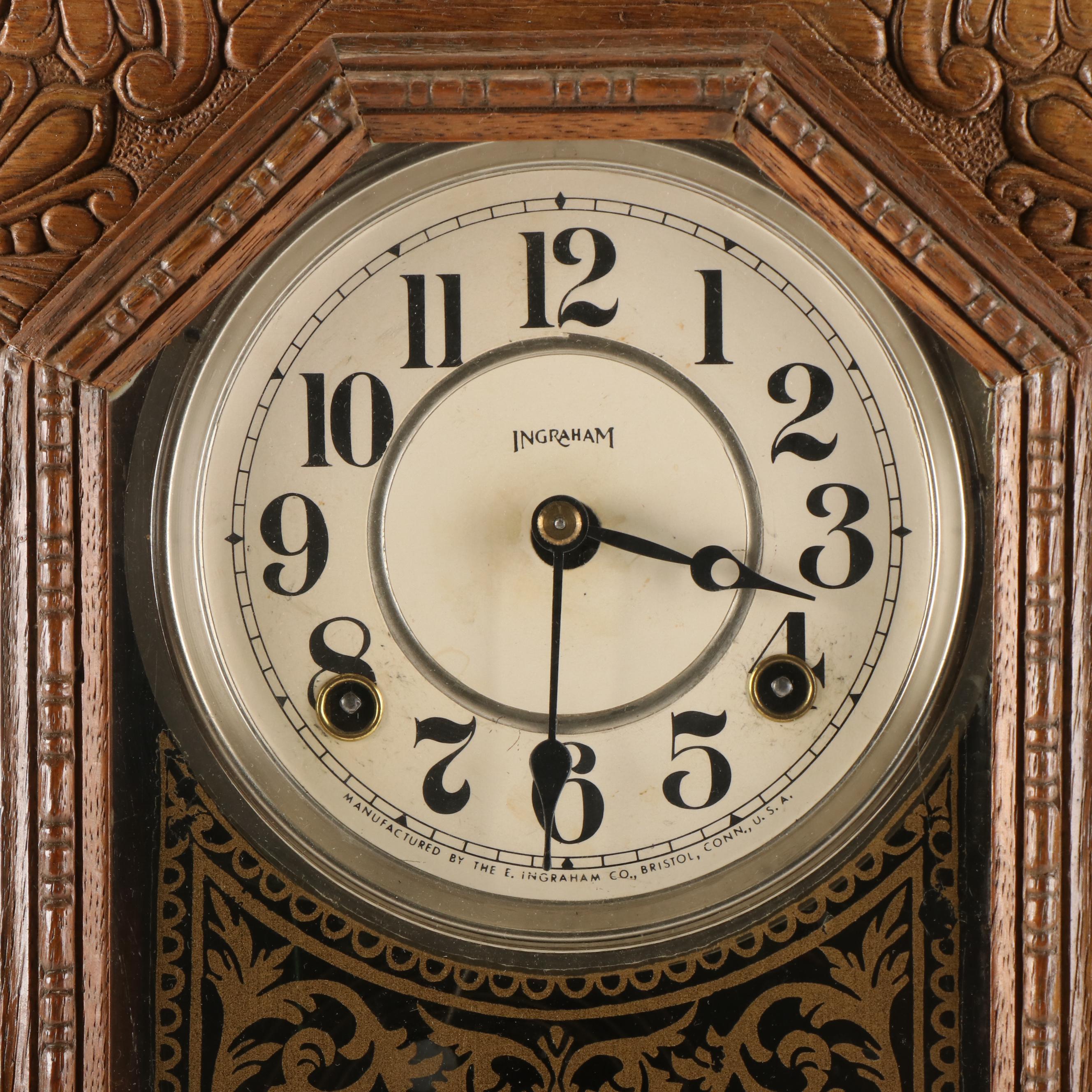 Ingrahm Victorian Pressed Oak Kitchen Clock, Late 19th/ Early 20th Century