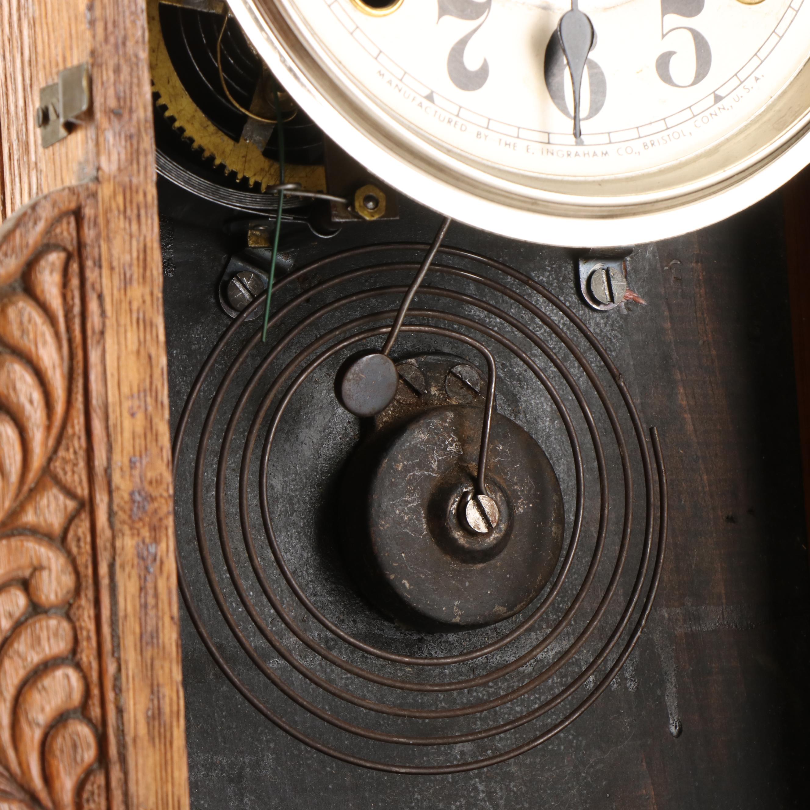 Ingrahm Victorian Pressed Oak Kitchen Clock, Late 19th/ Early 20th Century