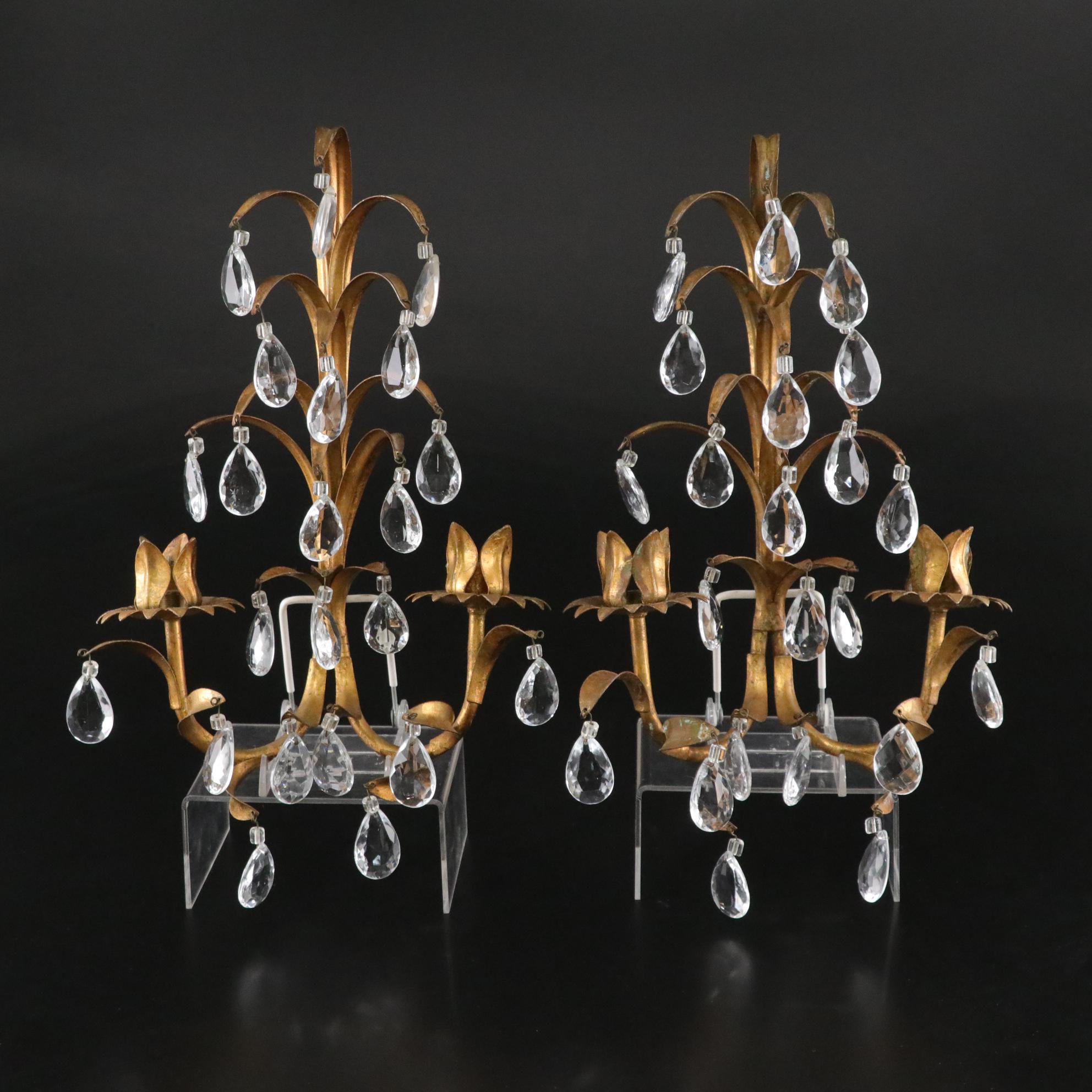 Italian-Made Regency Gilt Toleware Wall Sconces with Prisms, Mid to Late 20th C