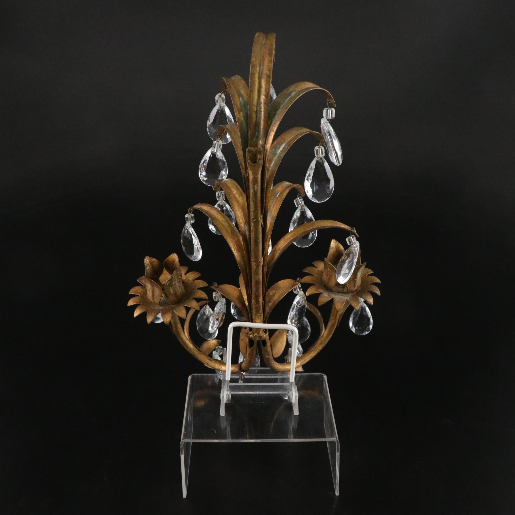 Italian-Made Regency Gilt Toleware Wall Sconces with Prisms, Mid to Late 20th C