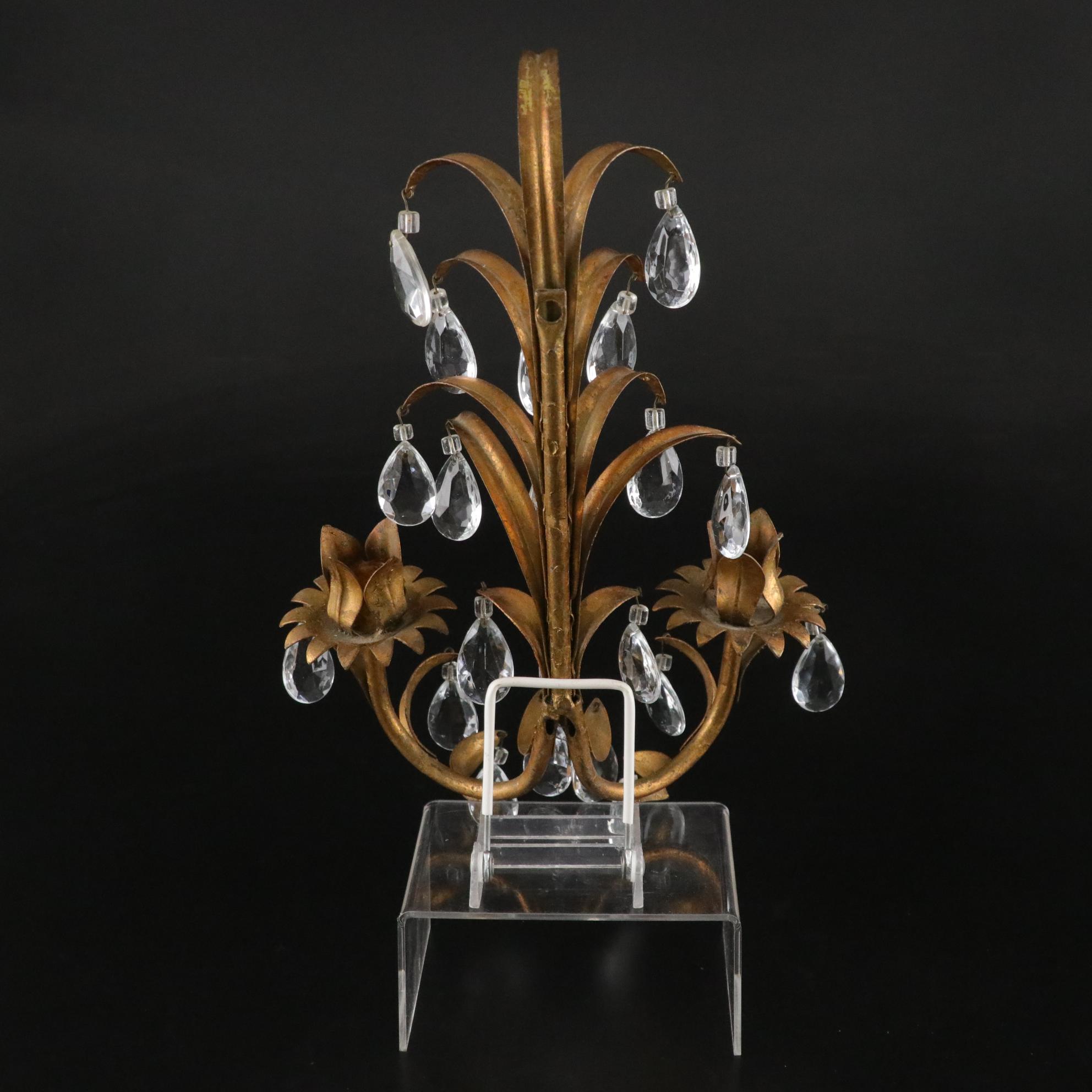 Italian-Made Regency Gilt Toleware Wall Sconces with Prisms, Mid to Late 20th C