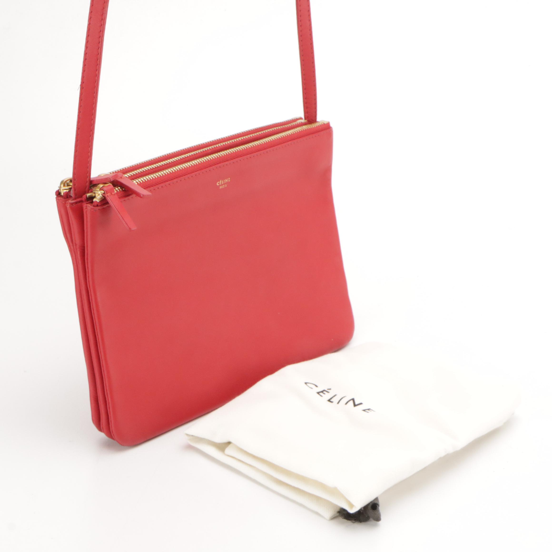 Céline Large Trio Zip Crossbody Bag in Cherry Red Calfskin Leather