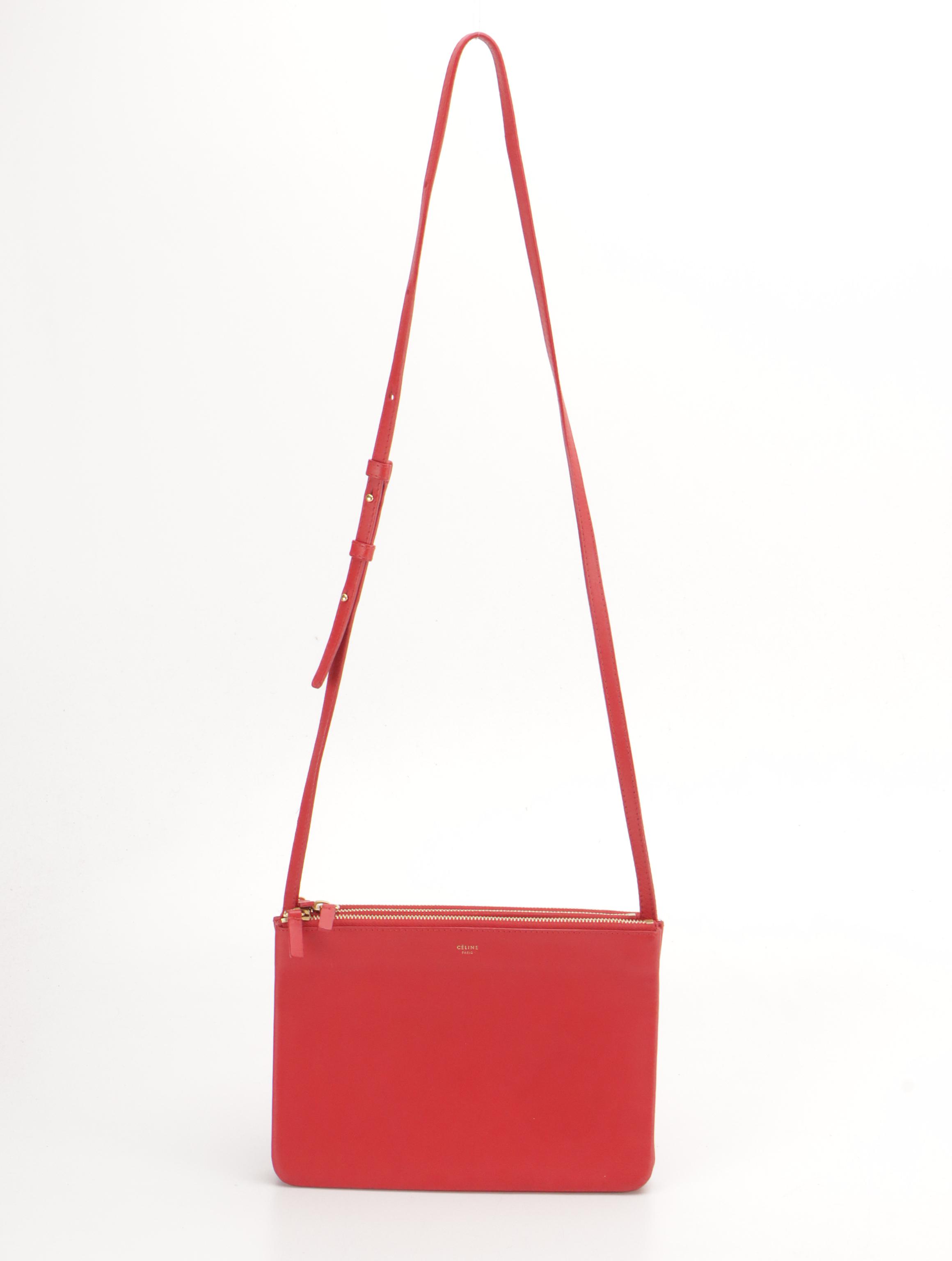 Céline Large Trio Zip Crossbody Bag in Cherry Red Calfskin Leather