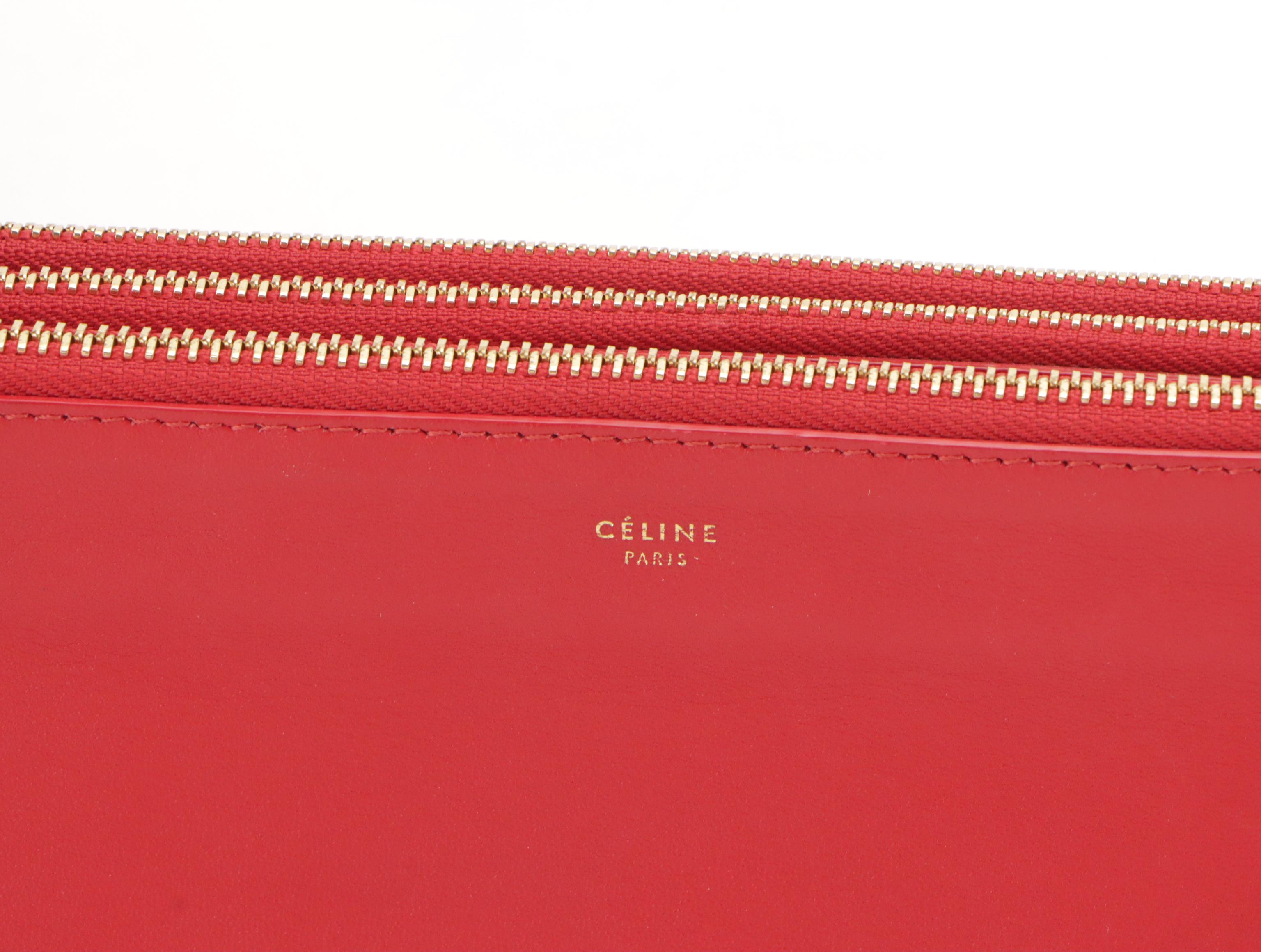 Céline Large Trio Zip Crossbody Bag in Cherry Red Calfskin Leather