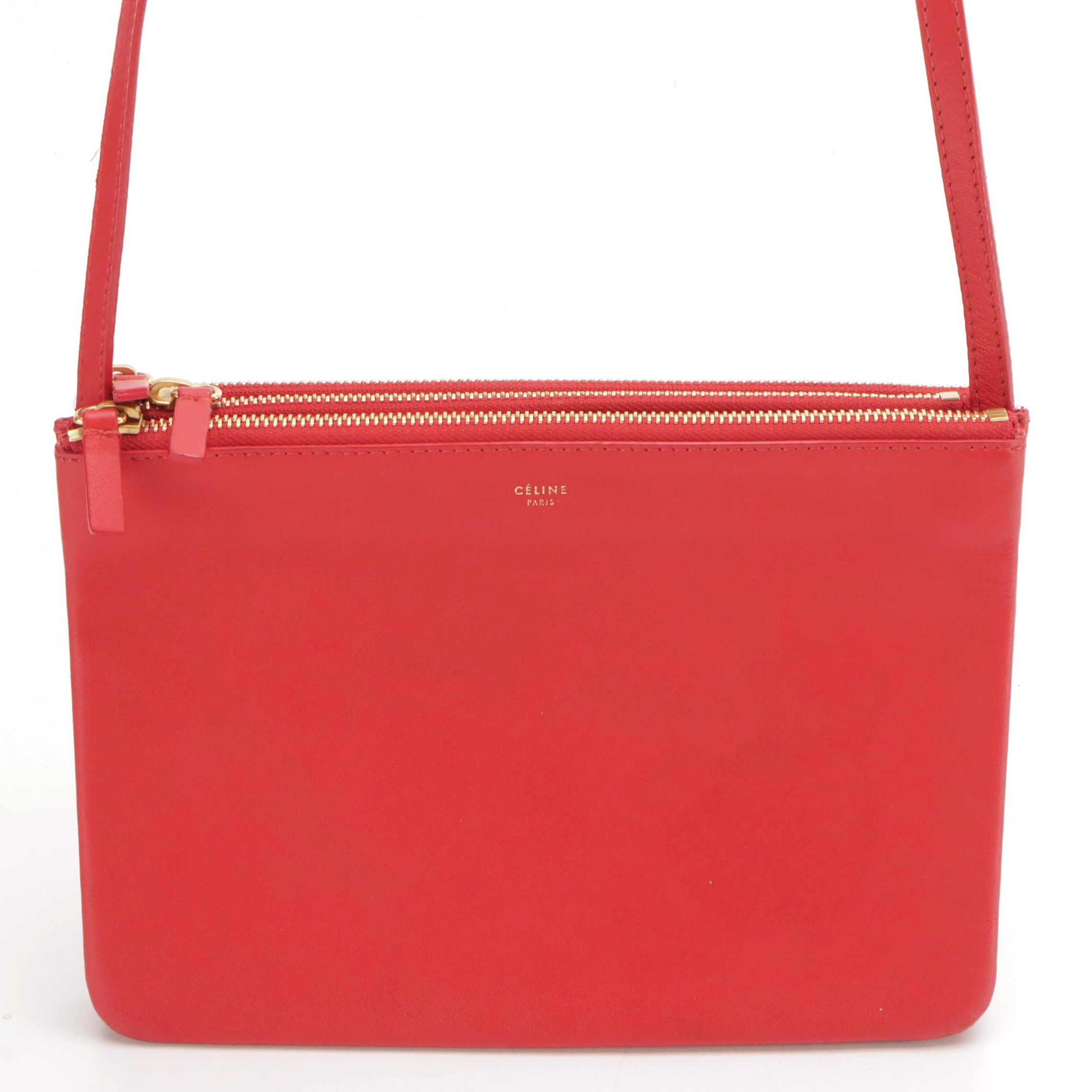 Céline Large Trio Zip Crossbody Bag in Cherry Red Calfskin Leather