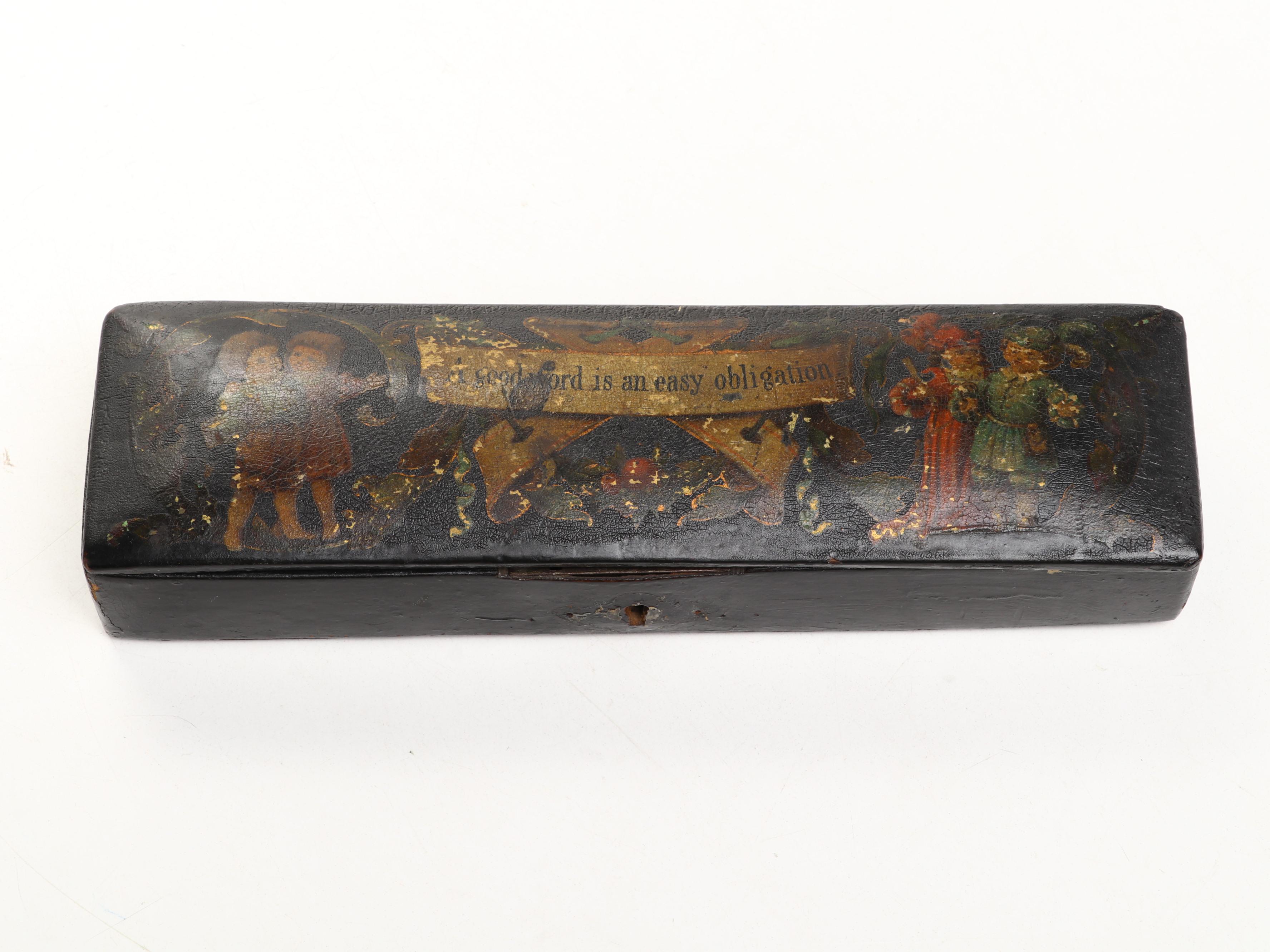 Victorian Lacquerware Pencil Box with Santa and Lamb Figurines