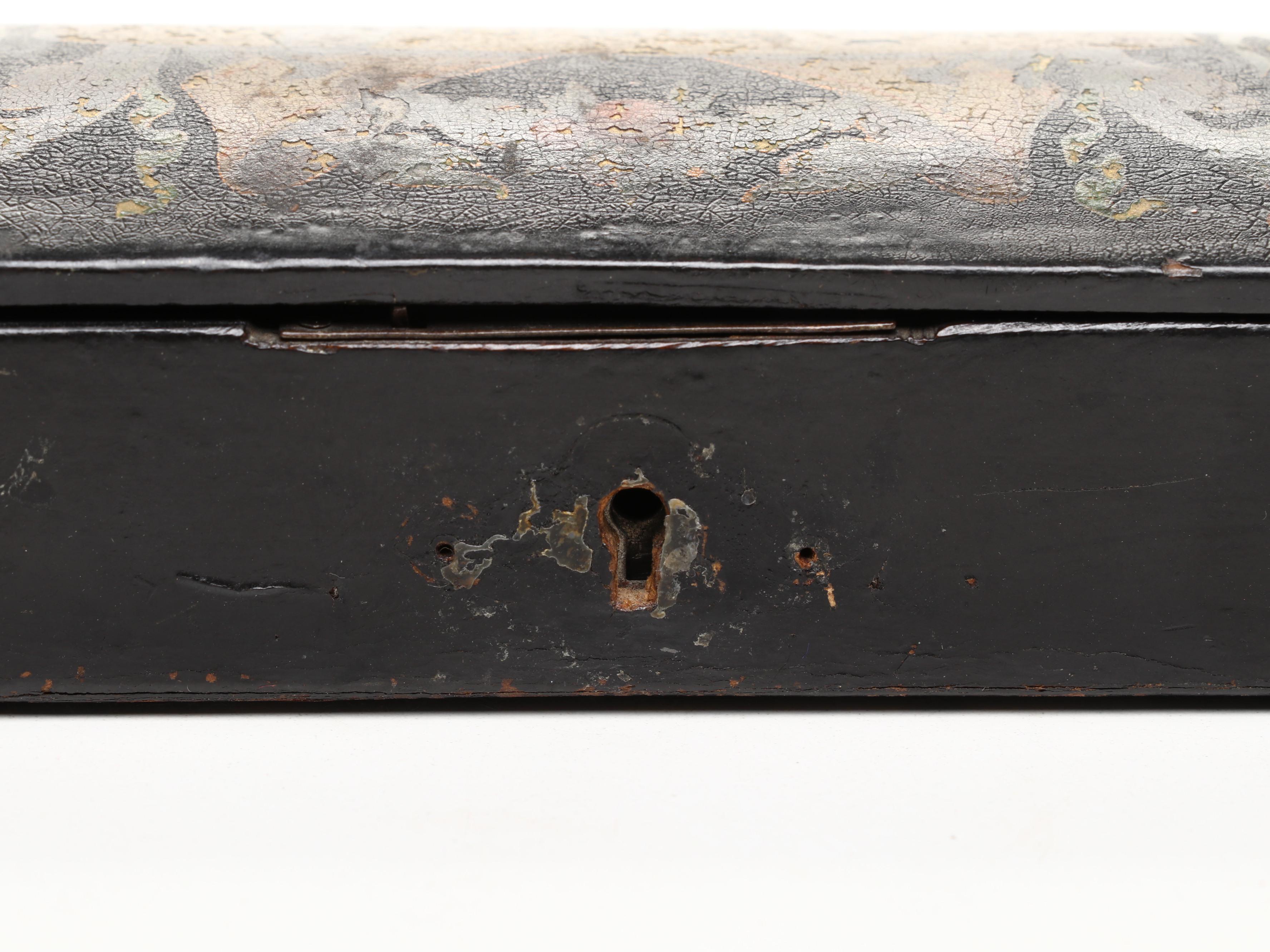 Victorian Lacquerware Pencil Box with Santa and Lamb Figurines