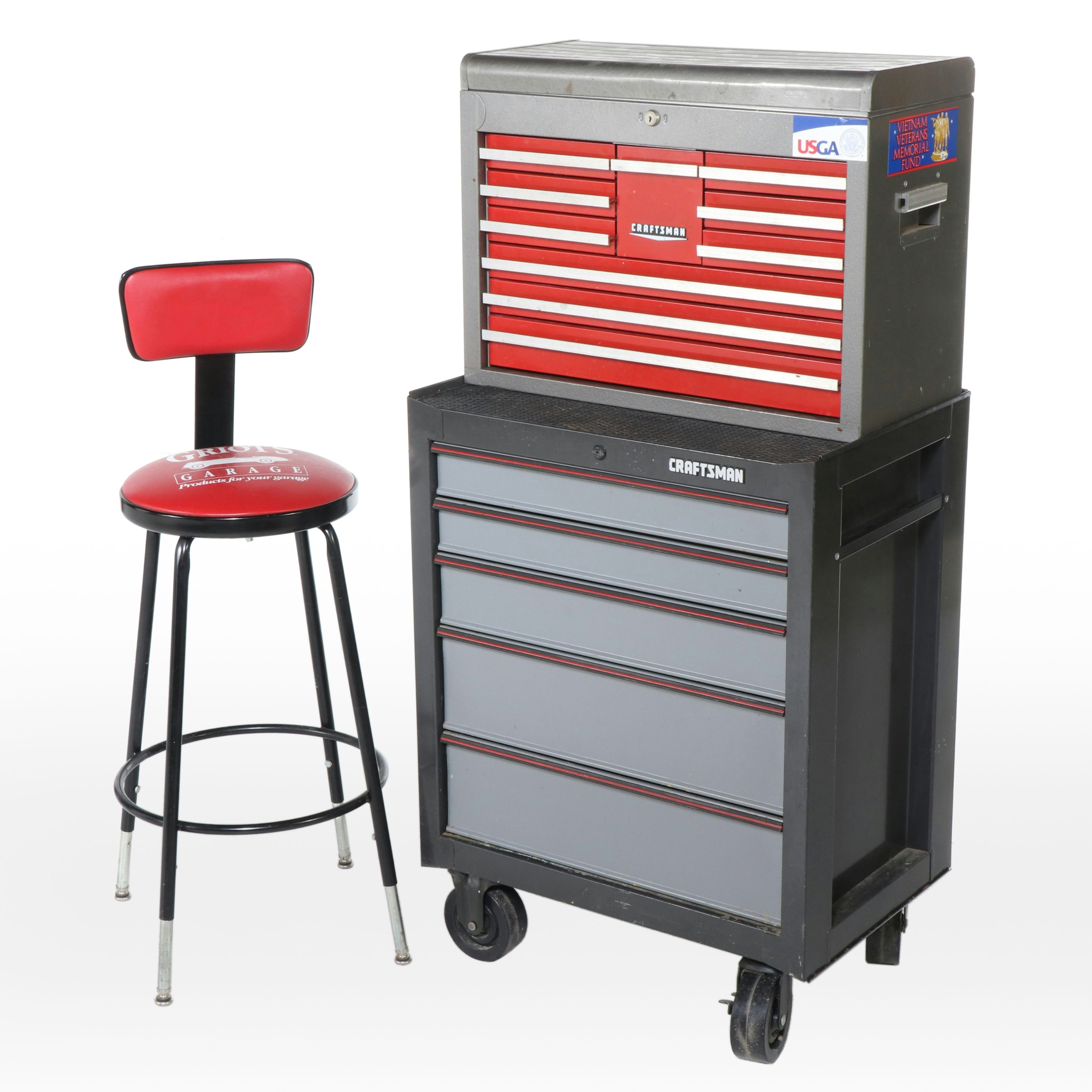 Craftsman Tool Chest with Griott's Garage Stool and Assorted Hand Tools