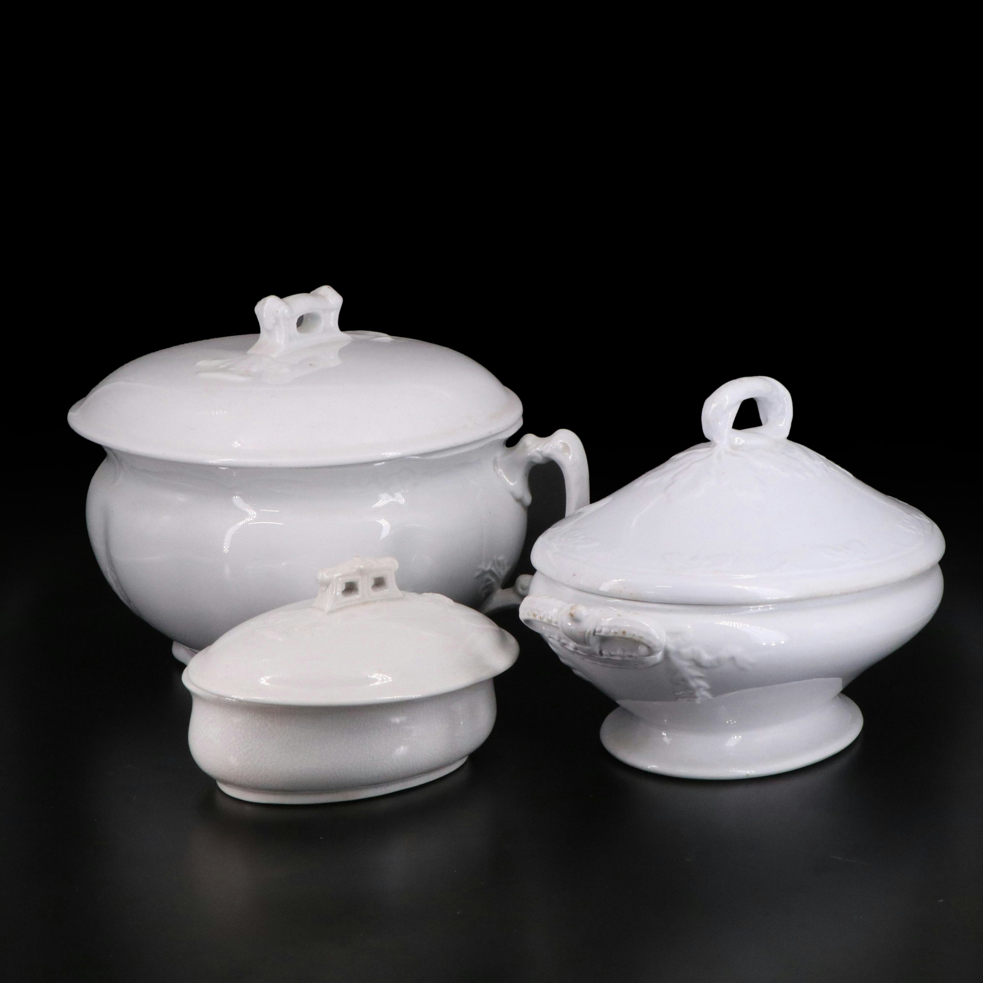 J & G Meakin Tureen with Other English Ironstone Chamber Pot and Soap Dish