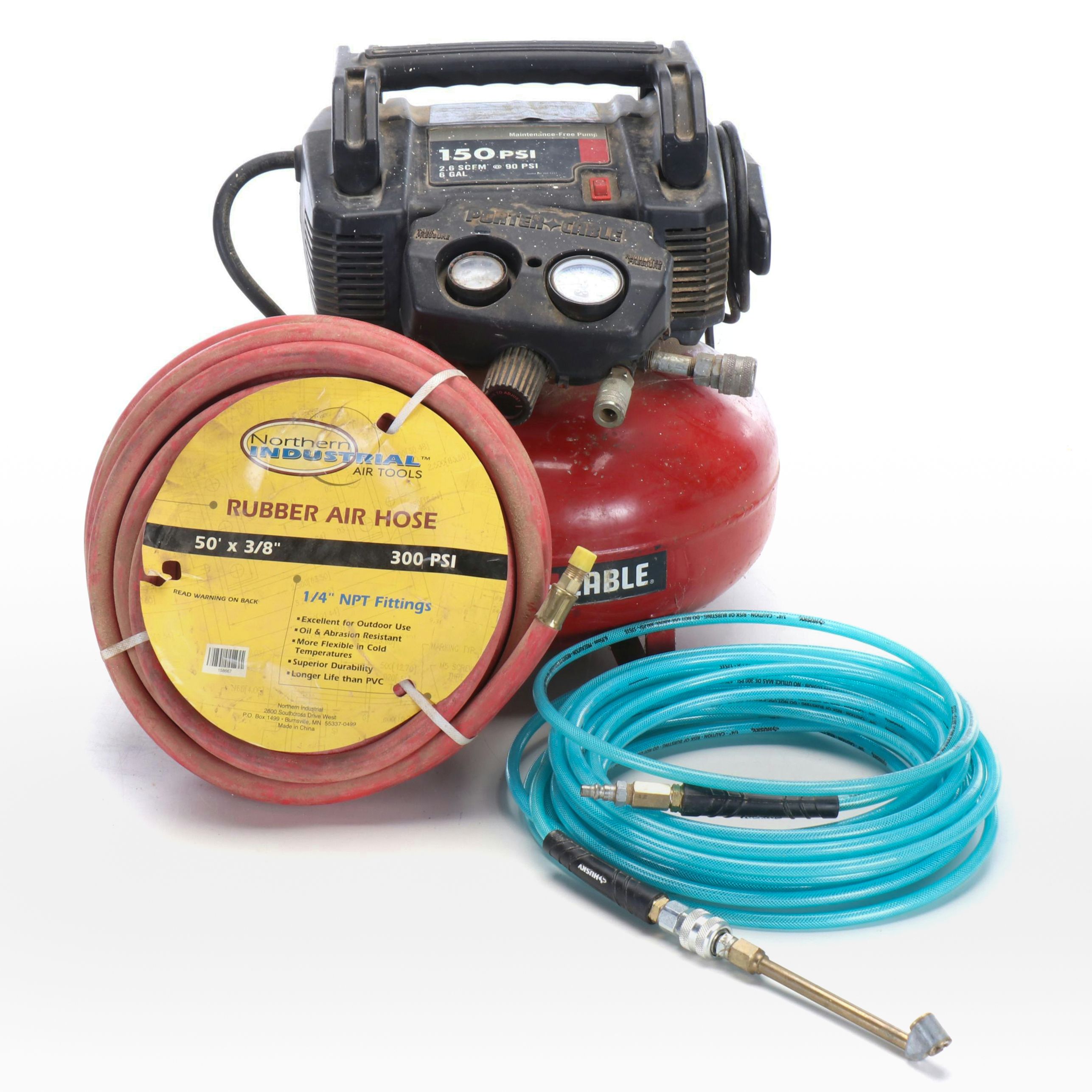 Porter-Cable Pancake Air Compressor with 50" Air Hose, and More
