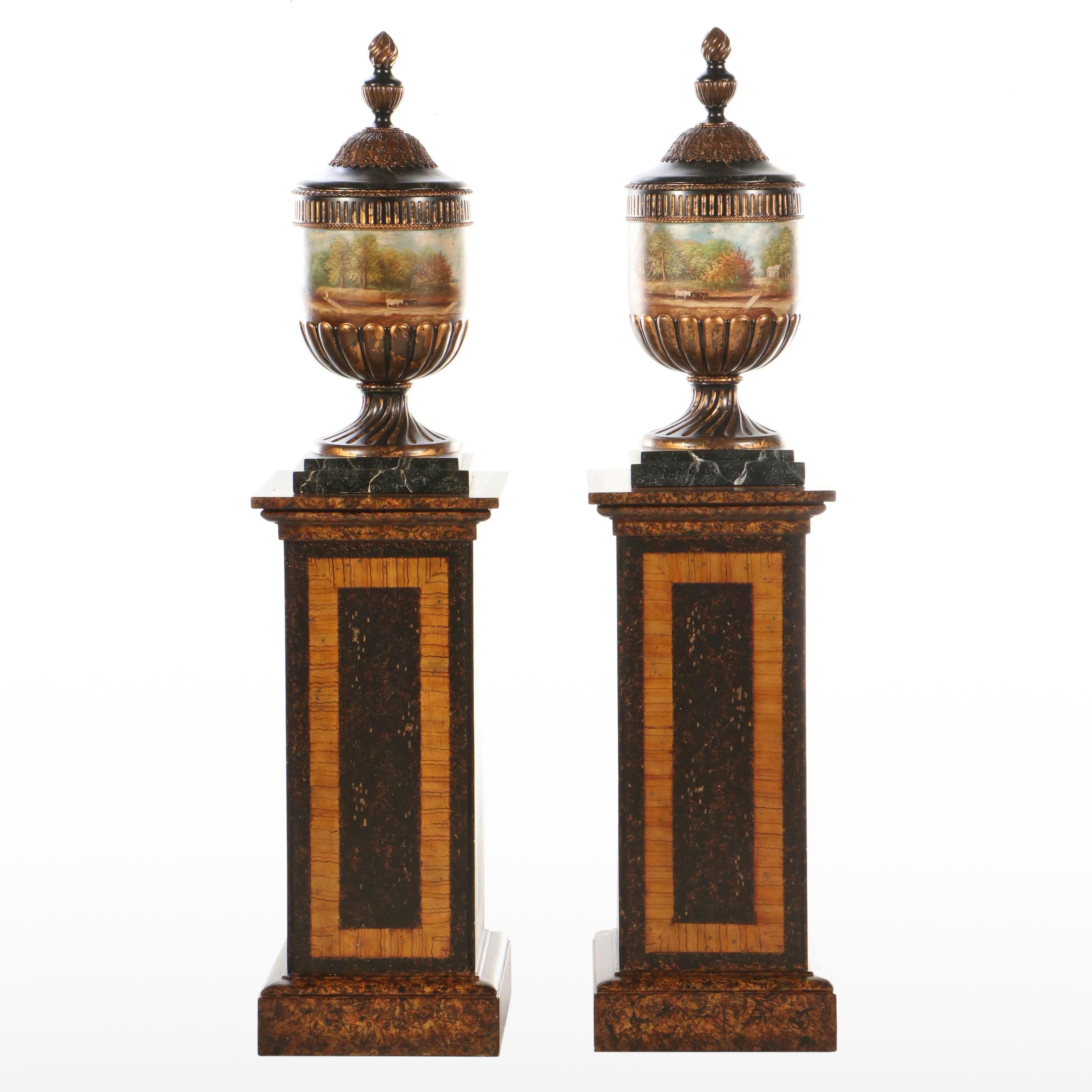 Pair of Neoclassical Style Lidded Urns on Paint-Decorated Wood Plinths