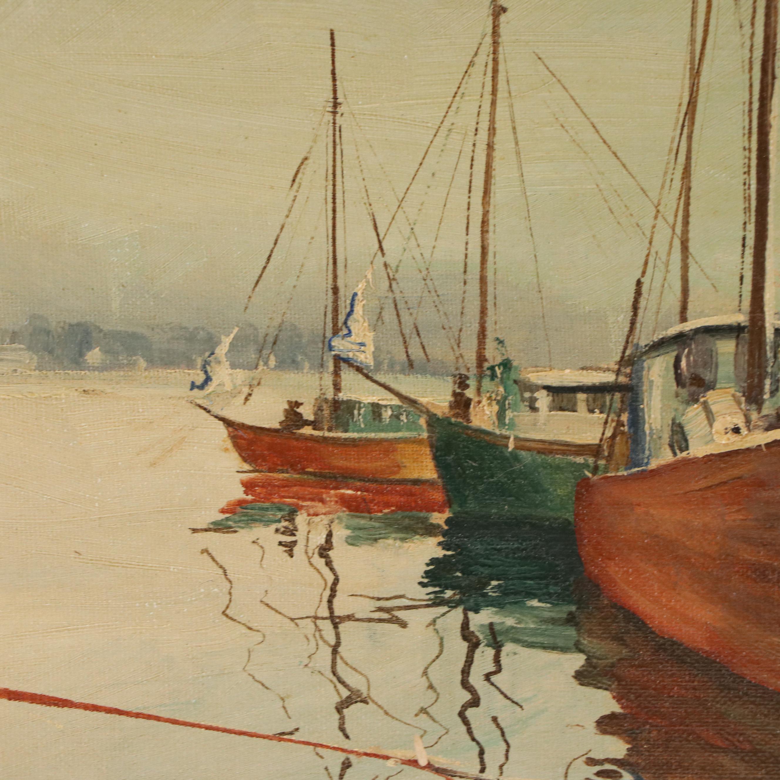 Scenic Oil Painting with Harborscape, Early / Mid-20th Century