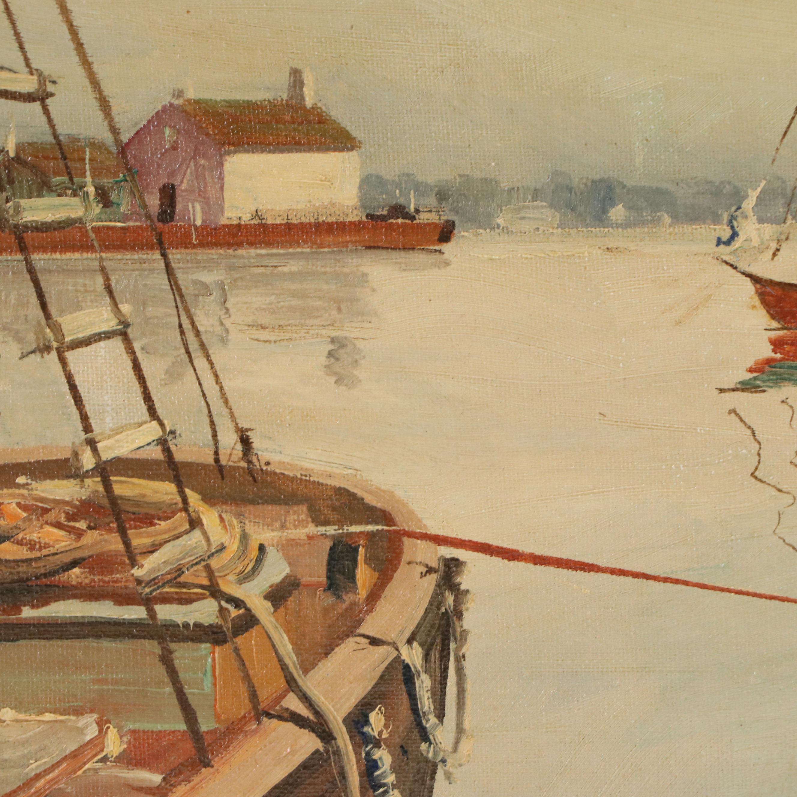 Scenic Oil Painting with Harborscape, Early / Mid-20th Century
