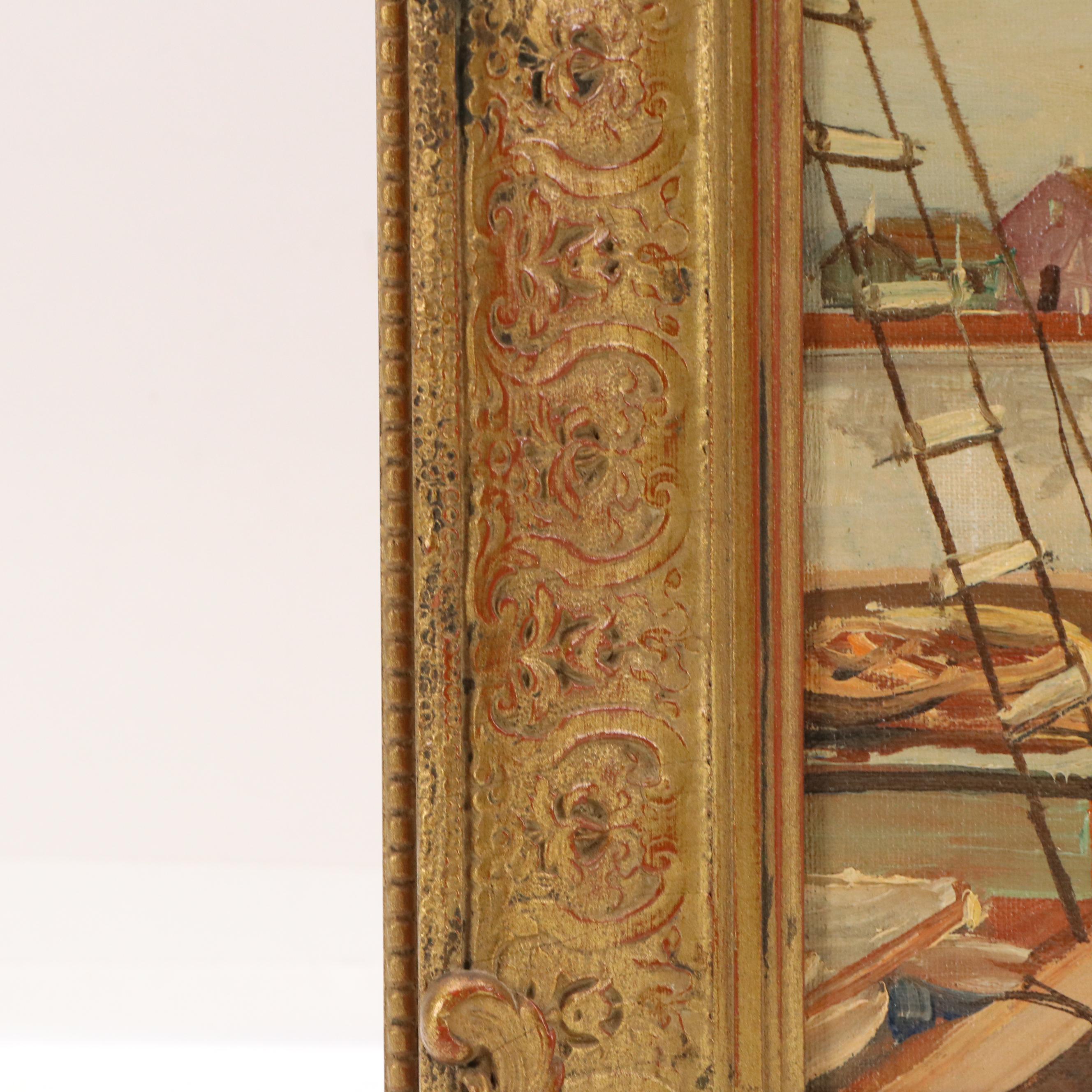 Scenic Oil Painting with Harborscape, Early / Mid-20th Century