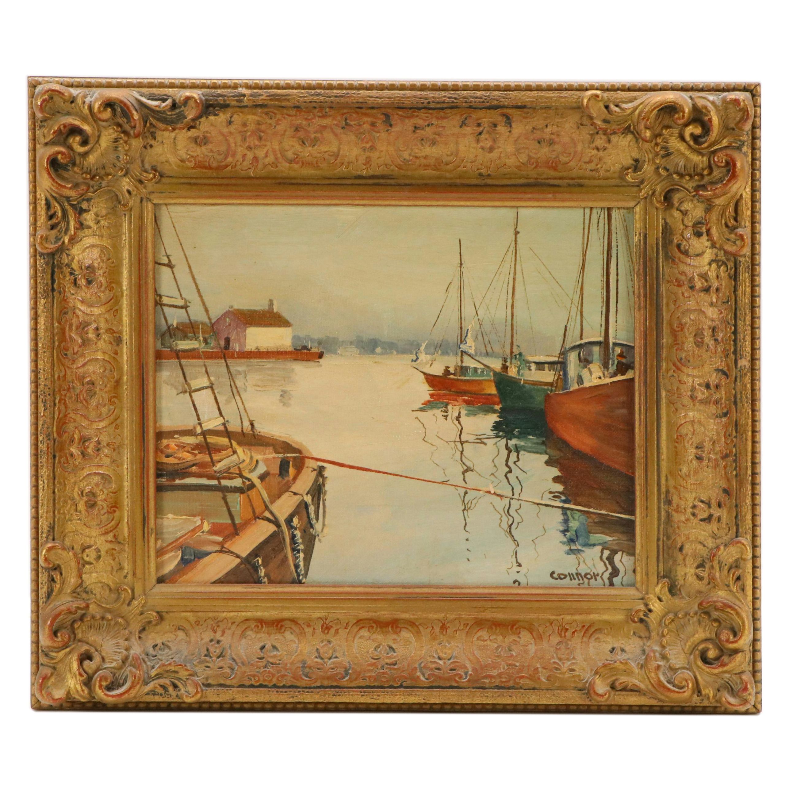 Scenic Oil Painting with Harborscape, Early / Mid-20th Century