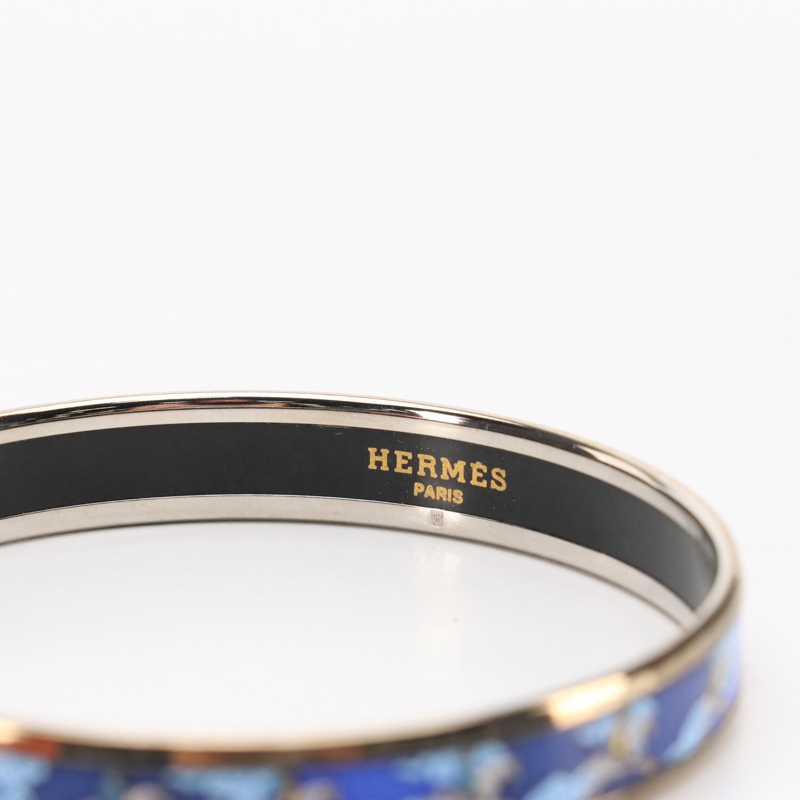 Hermès Horse and Clouds Motif Narrow Enamel Bangle in Box