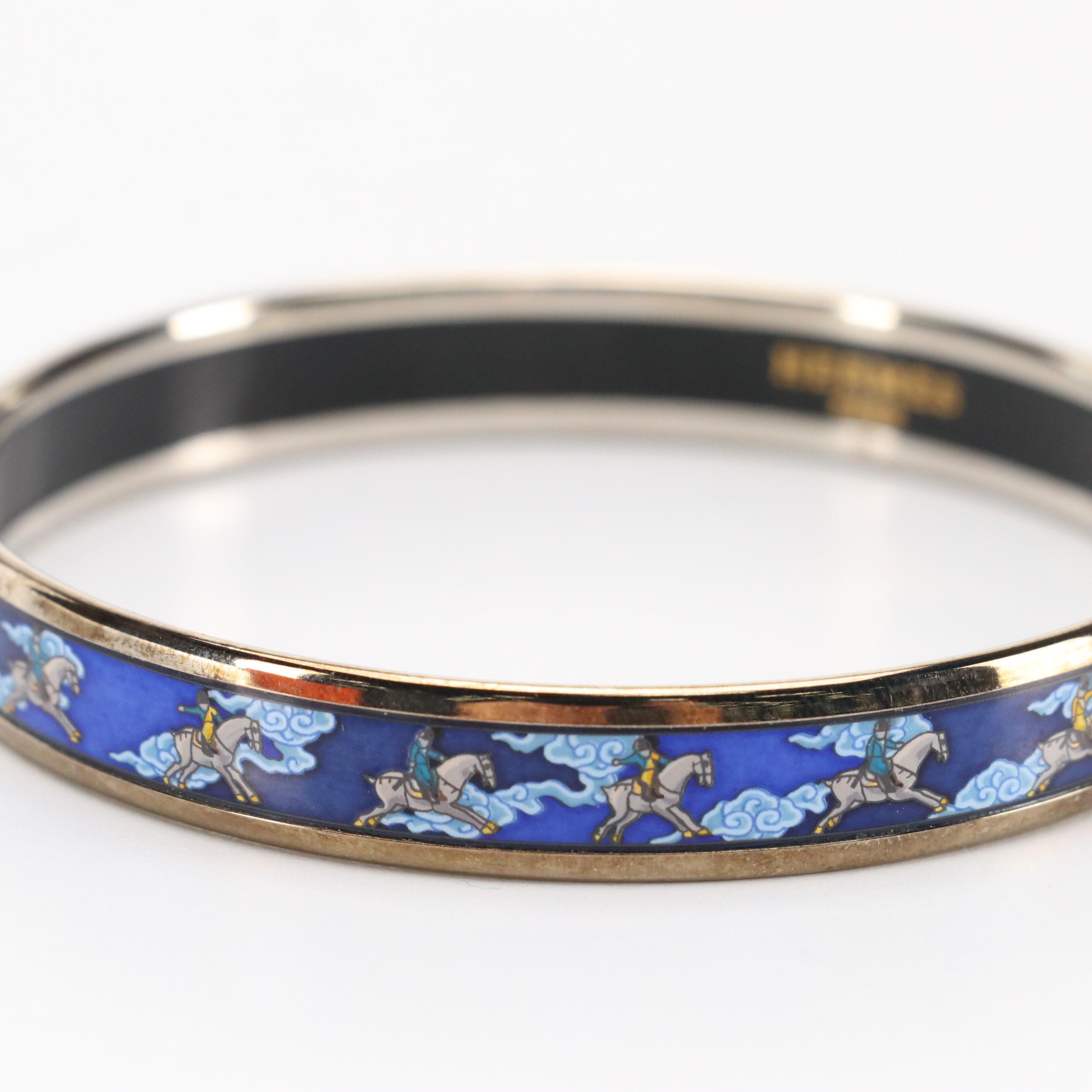 Hermès Horse and Clouds Motif Narrow Enamel Bangle in Box