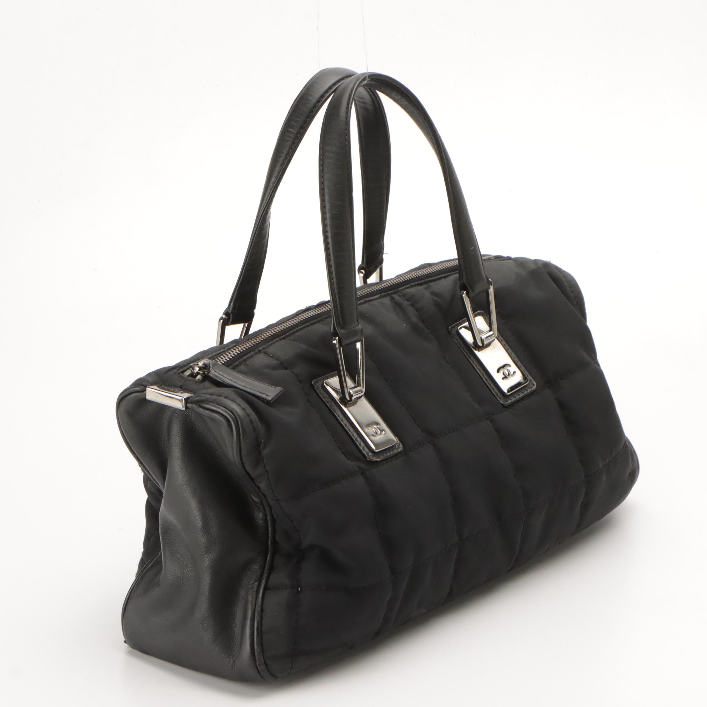 Chanel Chocolate Bar Quilted Black Nylon and Leather Handbag